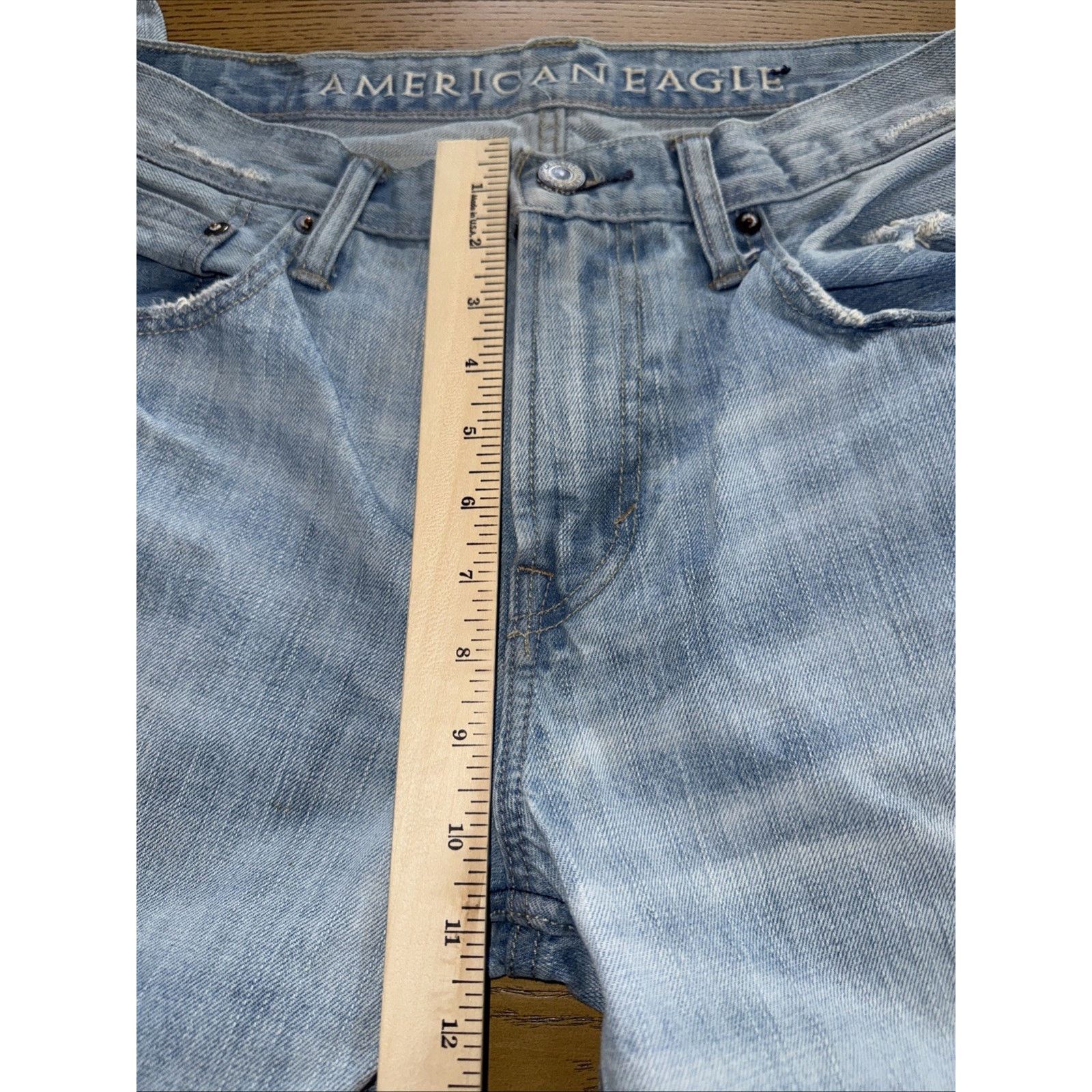 American Eagle Outfitters AE dated 2009 Men’s Distressed Plaid Patched Jeans 32x29 EUC Size US 32 / EU 48 - 6 Thumbnail