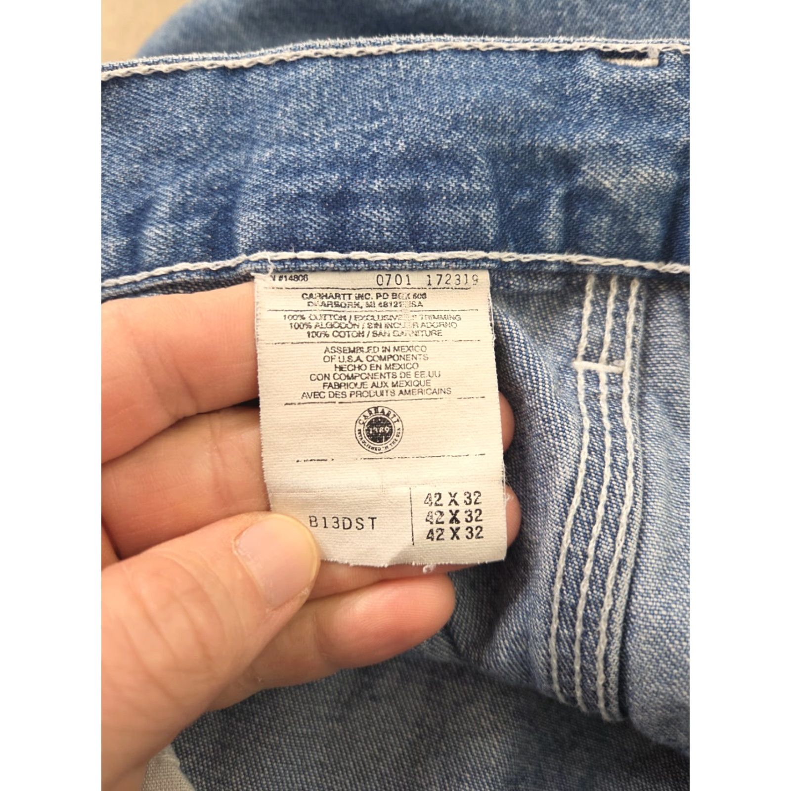 Carhartt VINTAGE Carhartt Carpenter Jeans Pants 42x32 Blue Denim Workwear 90s Grunge Hip Hop USA Mens Carhartt B73 DST Leather Logo Distressed Size US 42 / EU 58 - 3 Thumbnail