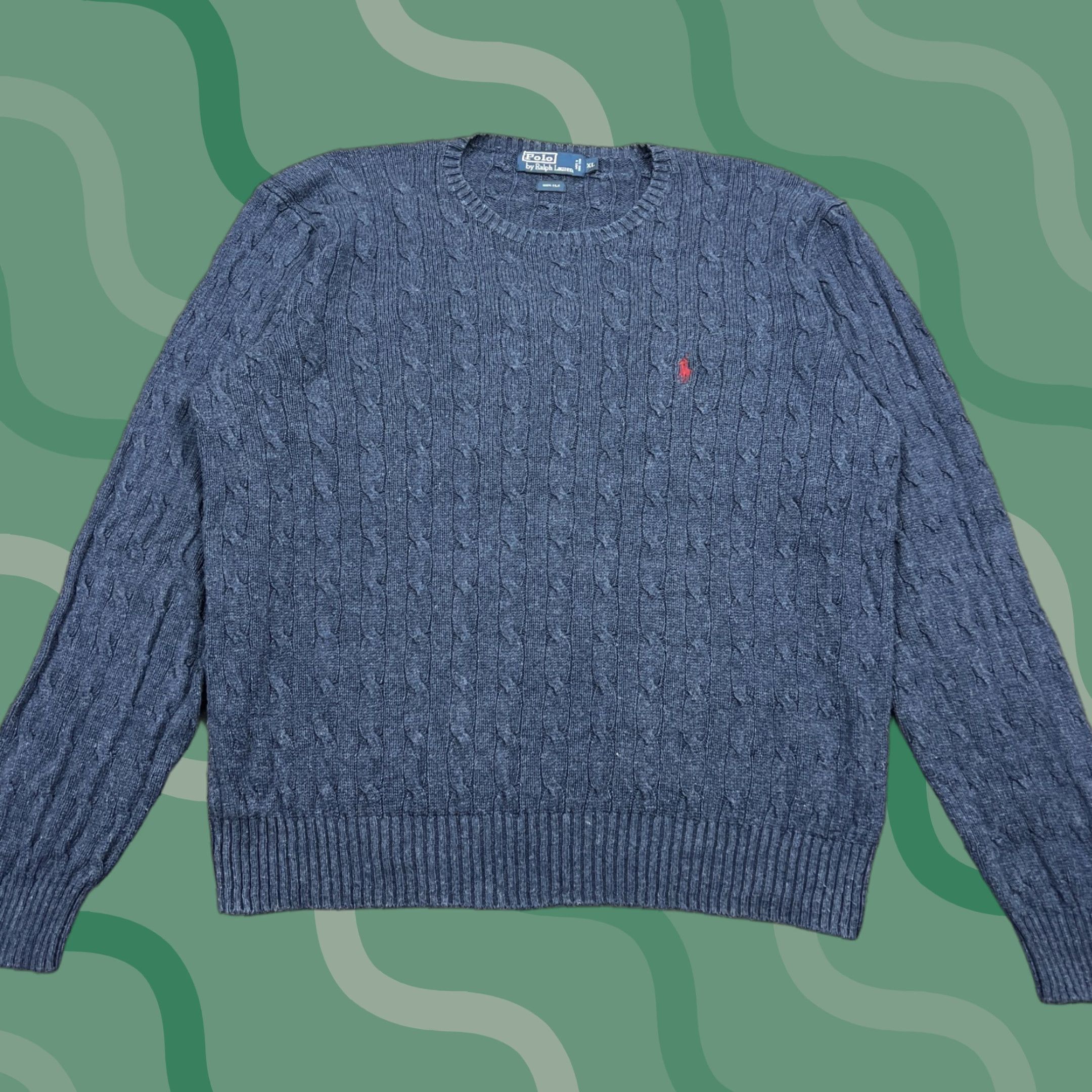 VTG Polo Ralph Lauren Sweater Mens XL Cable Knit Crew Pullover 100% Silk Blue