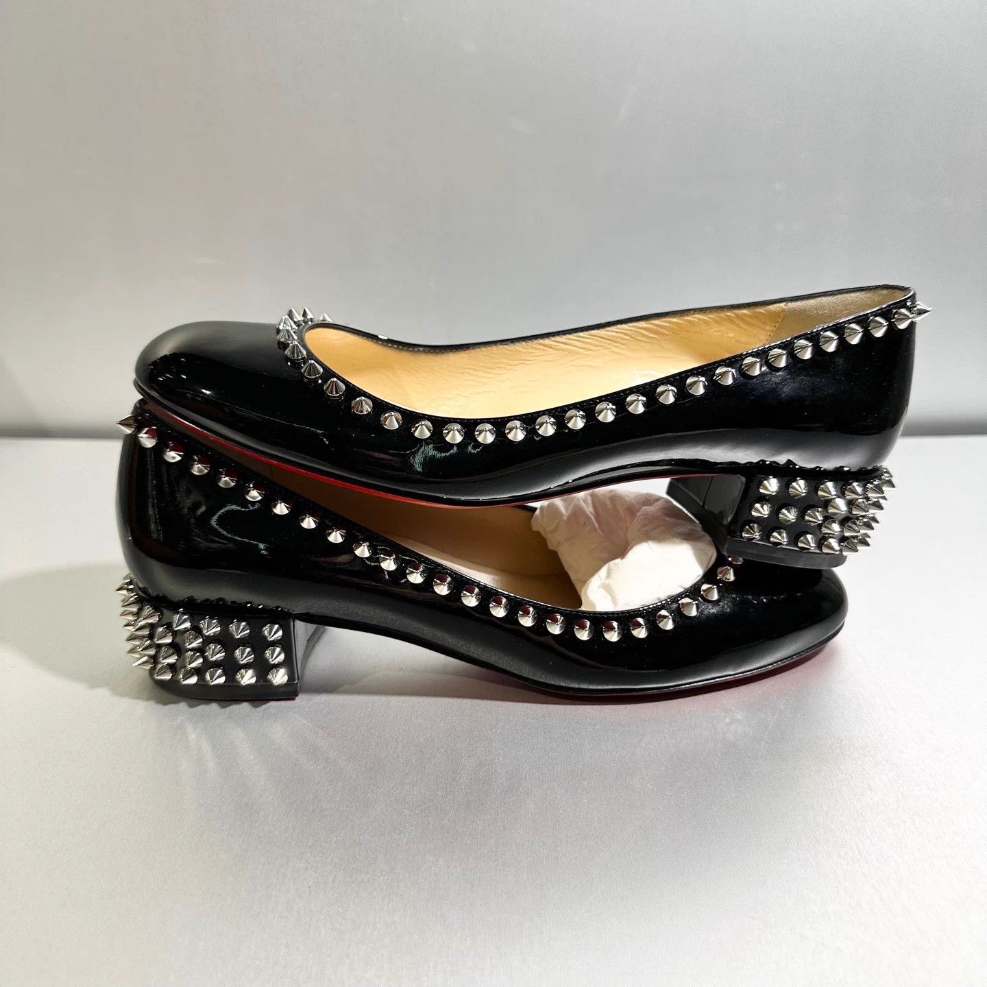 Christian Louboutin CL Black Patent Leather Riveted Flats Size 38 Size US 7 / IT 37 - 3 Thumbnail