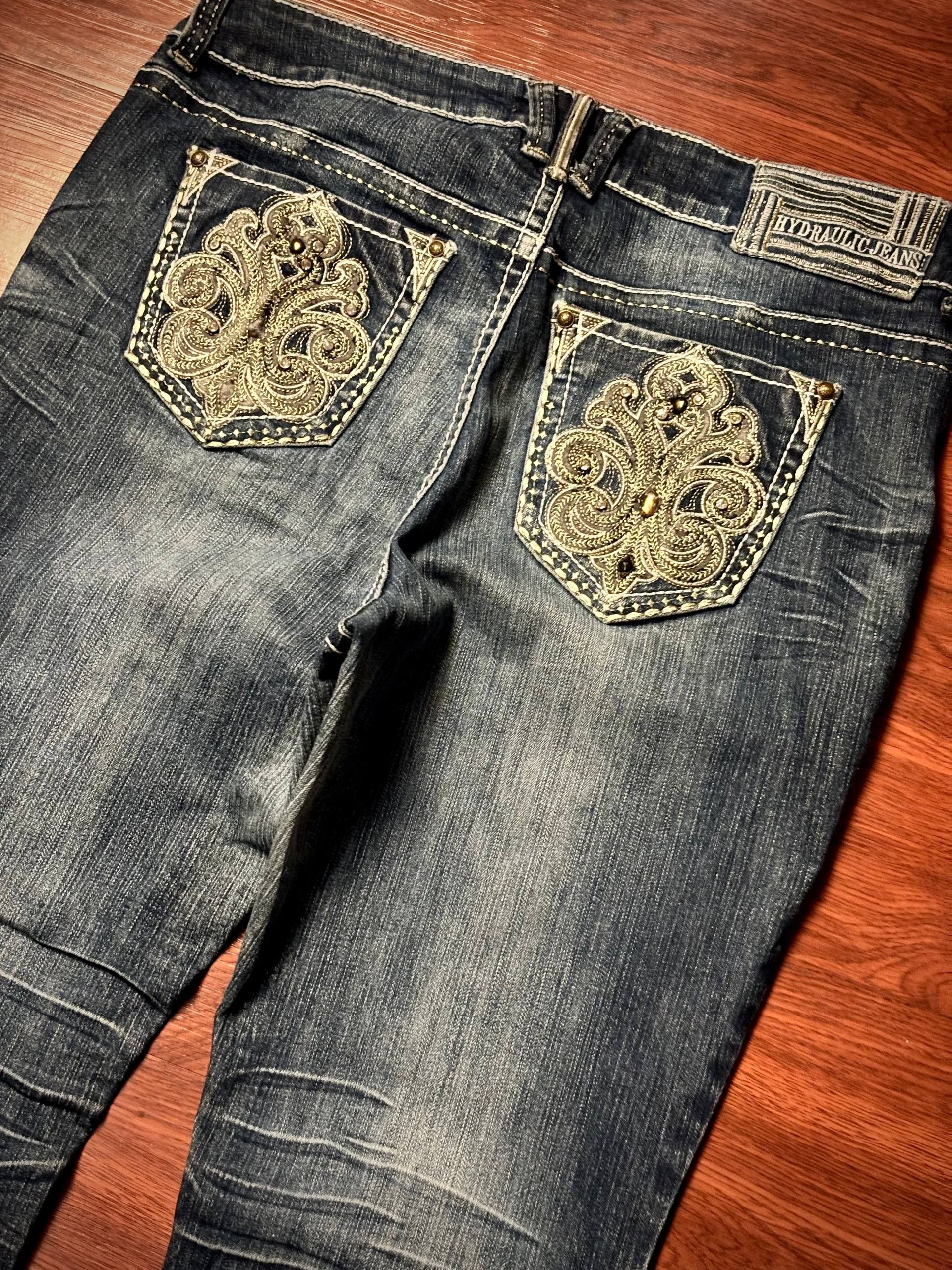 Miss Me Vintage Y2K Hydraulic Jeans Gold Embroidered Bootcut Jeans Size 32" / US 10 / IT 46 - 2 Thumbnail