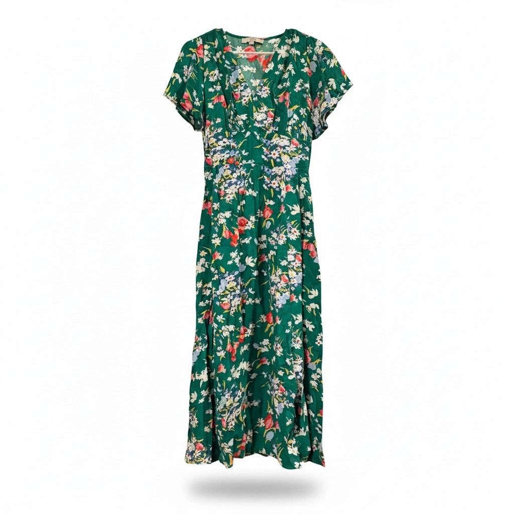 Loft LOFT Women’s Size 0 Green Floral Midi Dress Short Sleeve Size XS / US 0-2 / IT 36-38 - 1 Thumbnail