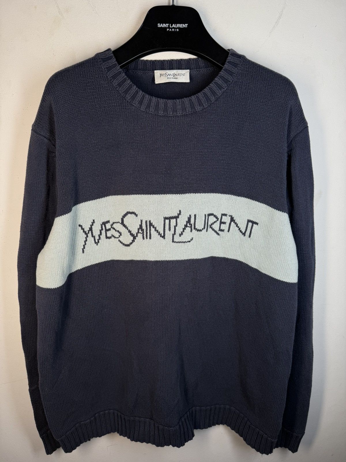 Yves Saint Laurent Royal Blue YSL Sweater Knit Big Logo Vintage Sweatshirt Rare Size US L / EU 52-54 / 3 - 1 Thumbnail