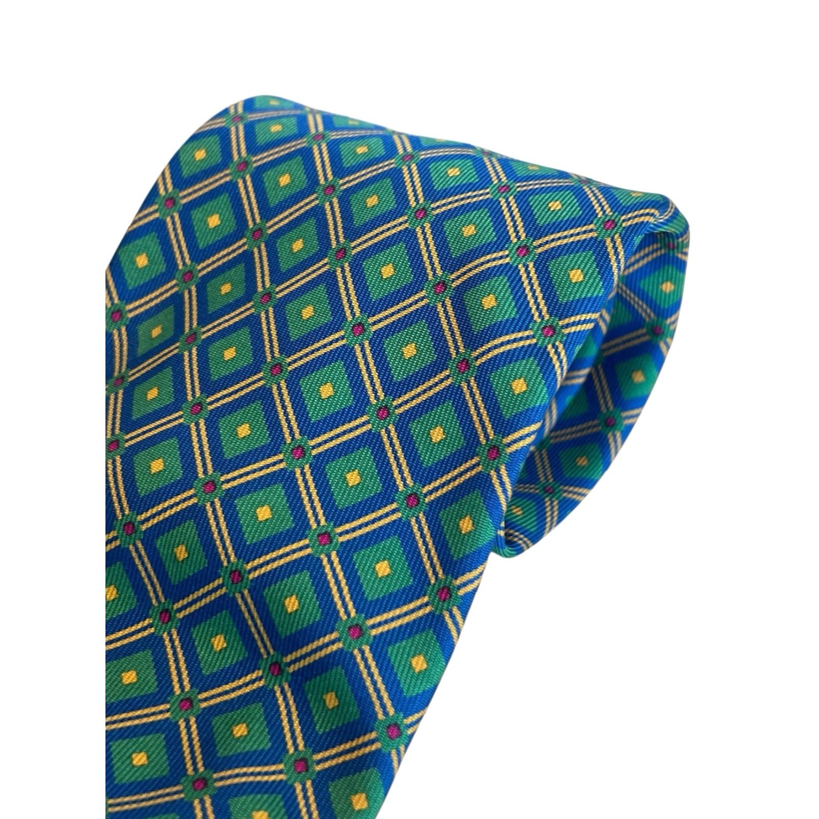 Vintage CHARLES HILL Made In England Emerald Green Blue Diamond Motif Tie DESIGNER Size ONE SIZE - 4 Thumbnail