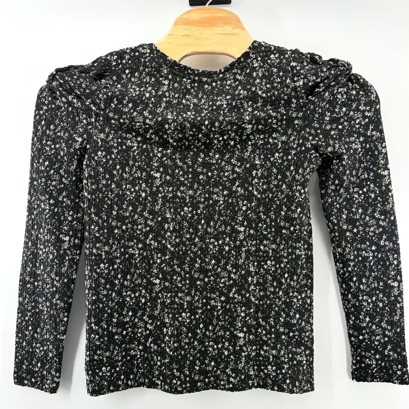 Loft LOFT Shirt Womens Medium Black Green Ribbed Puff Sleeve Floral Long Sleeve Top Size M / US 6-8 / IT 42-44 - 2 Thumbnail