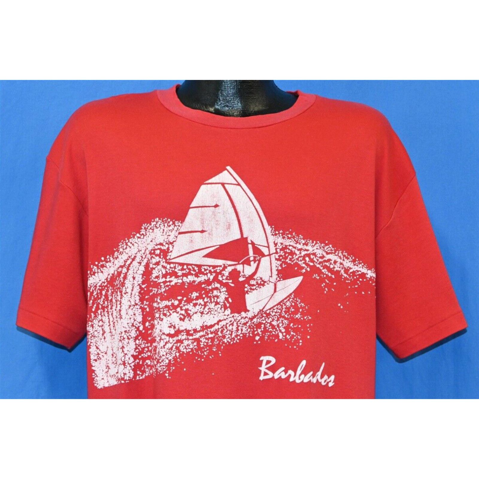 image of Vintage 80's Barbados Windsurfing Ocean Wave Surf Tourist Souvenir Red T-Shirt L in White (Size Lar