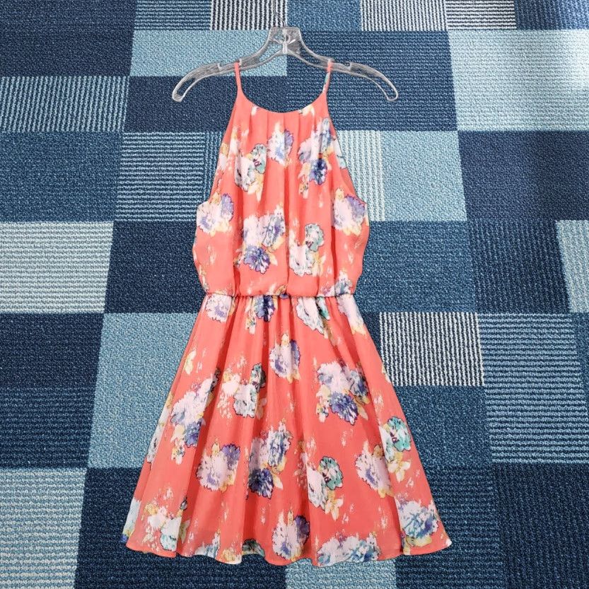 Vintage Lush Dress Womens S Small Orange Blouson Chiffon Floral Mini Fit & Flare Tank Dress Sleeveless Halter Skater Casual Party/Cocktail Size S / US 4 / IT 40 - 1 Thumbnail