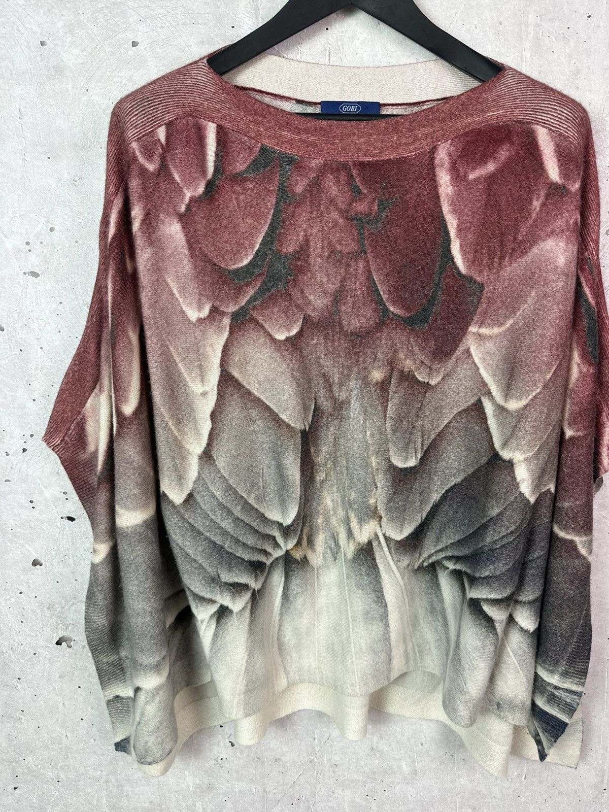 Vintage Gobi Feather Print Mongolian Cashmere Knit Oversized Poncho Size L / US 10 / IT 46 - 3 Thumbnail