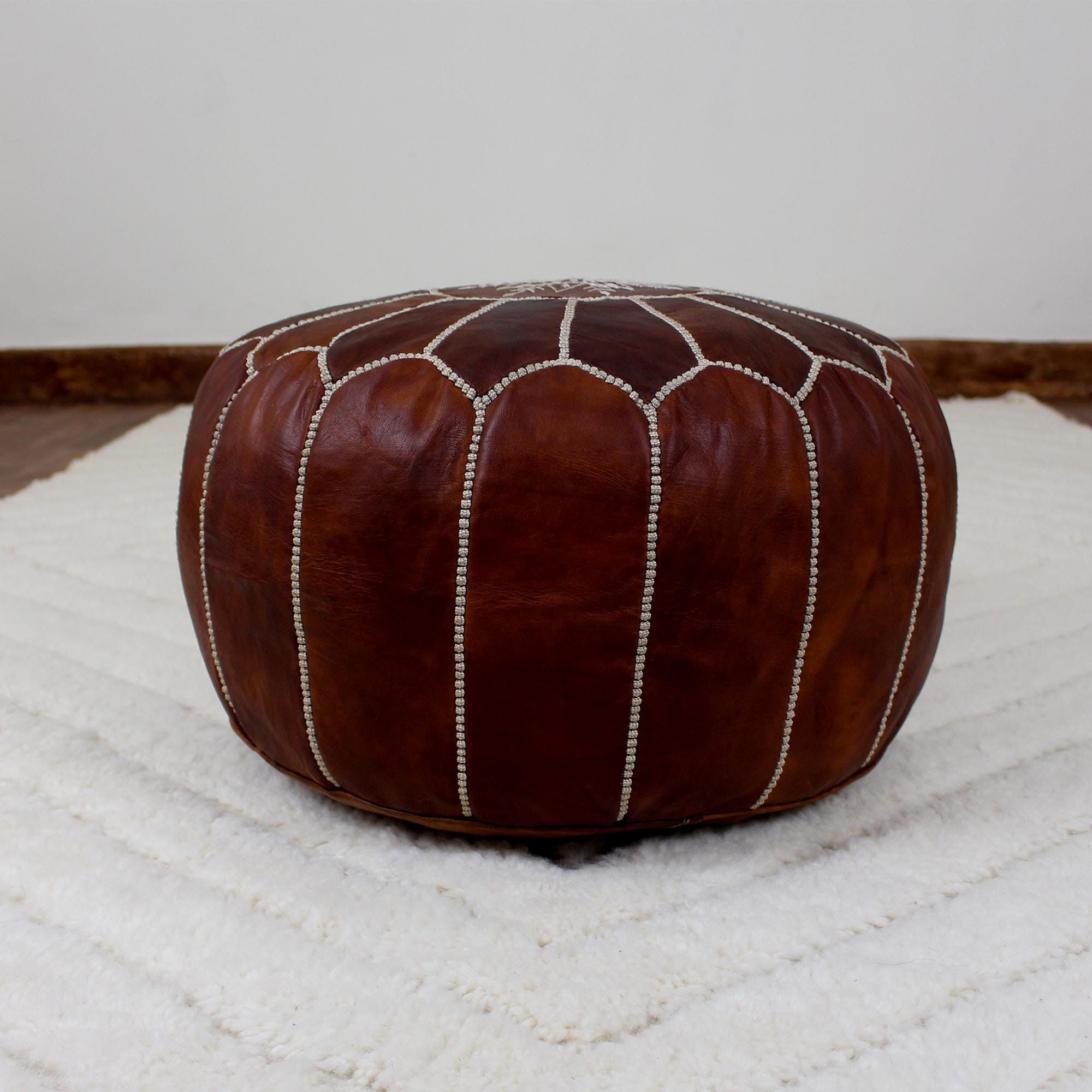Leather × Vintage Round Handmade Leather Dark Brown Pouf Size ONE SIZE - 4 Thumbnail
