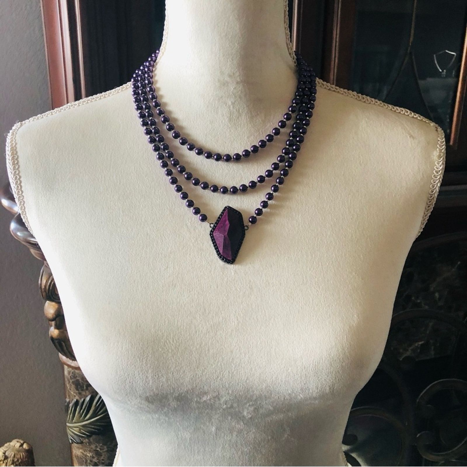 Handmade Handcrafted repurpose large faceted stone Pearl necklace Size ONE SIZE - 5 Thumbnail