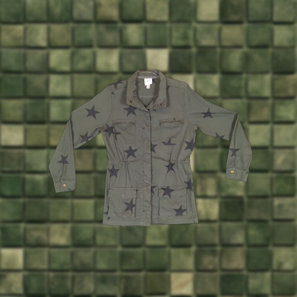 Vintage Knox Rose Jacket Women’s M Army Green Black Stars Allover Print Long Sleeve Cotton Twill Button Closure Casual Size M / US 6-8 / IT 42-44 - 1 Thumbnail