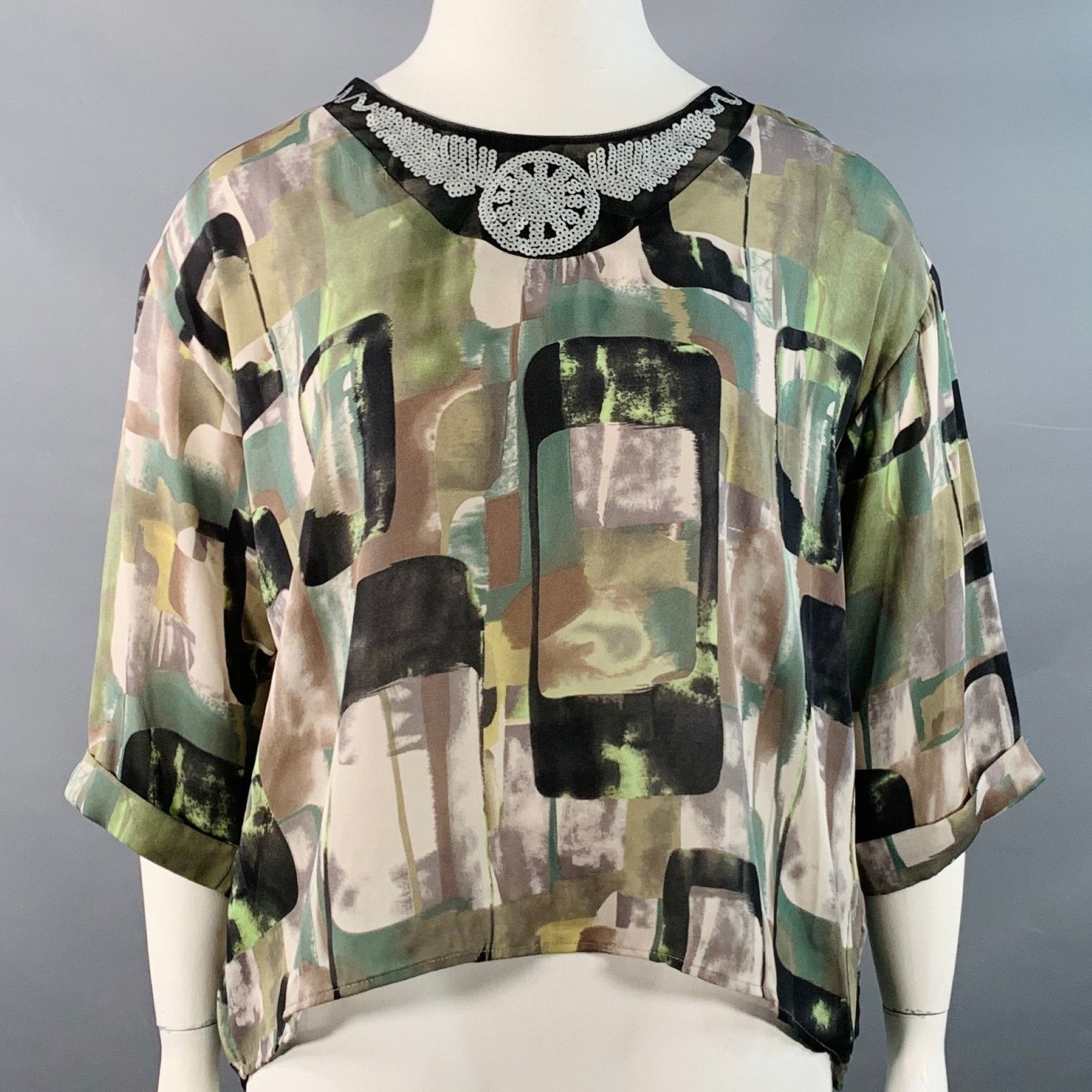 L Green Black Silk Graphic Sequined Cuffed Blouse, image size:1600x1600