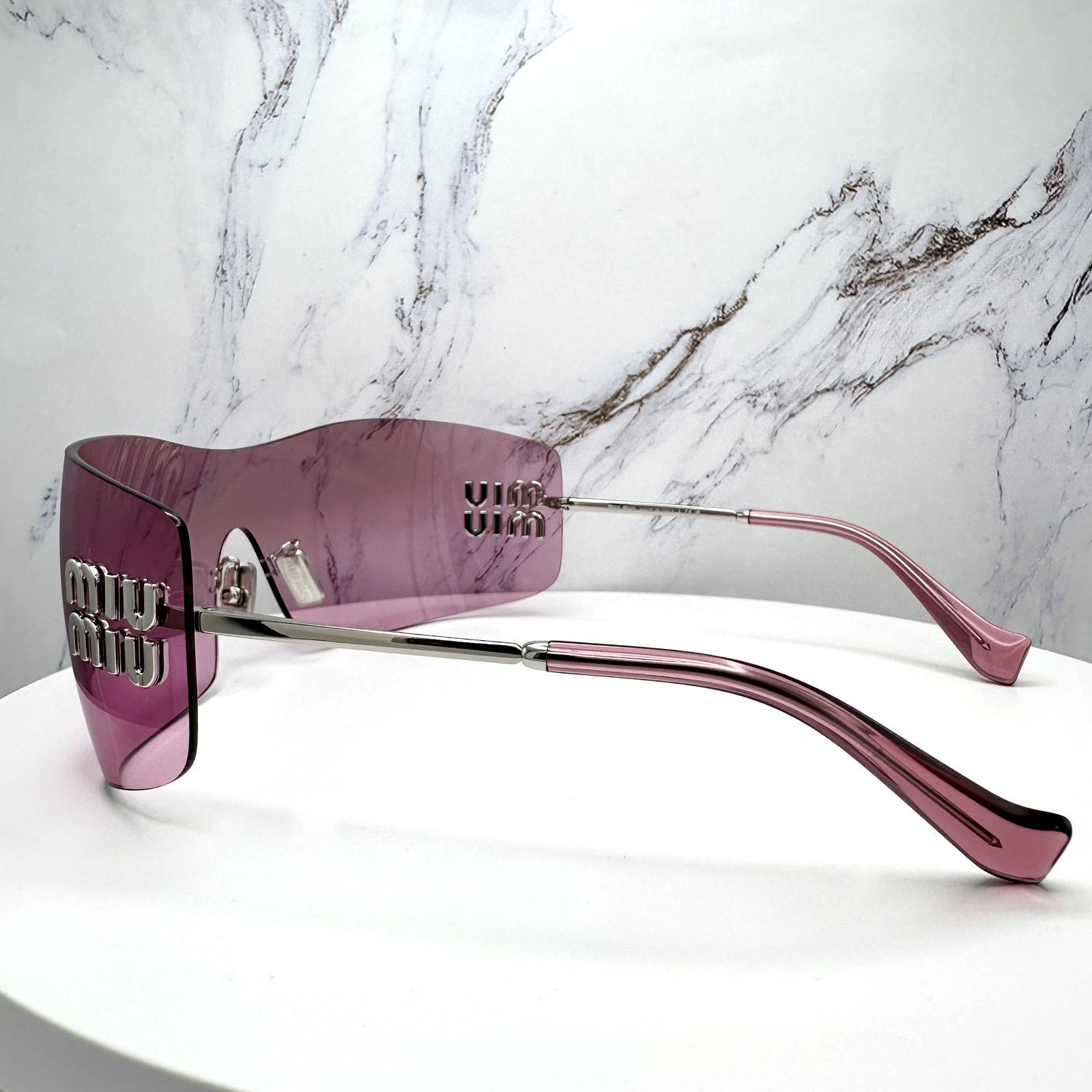 Miu Miu New MIU MIU Sunglasses Silver Pink Mirror Rimless Wrap Size ONE SIZE - 8 Thumbnail