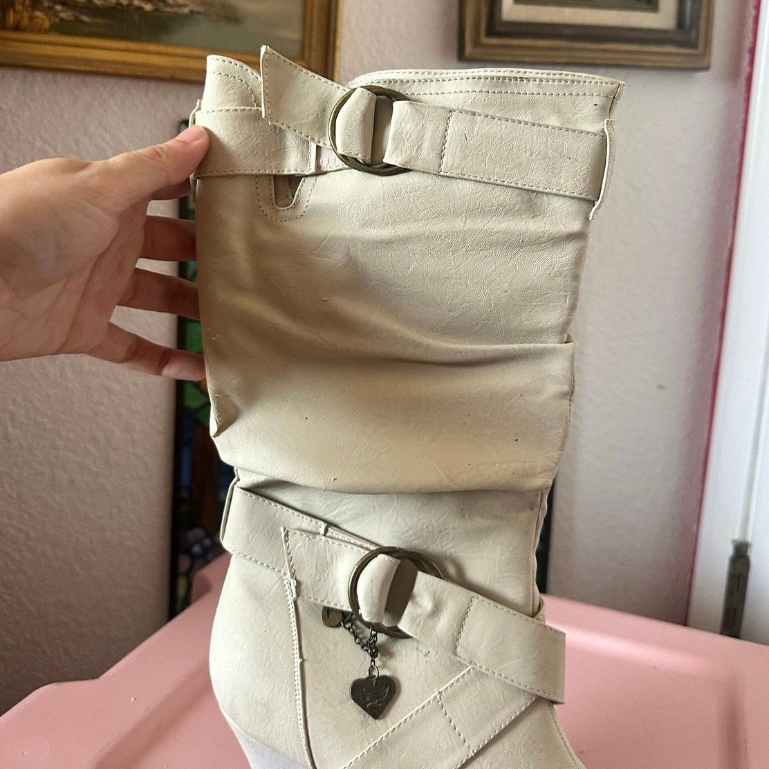 Other shiekh cream calf boots heels, need work vintage Size US 7.5 / IT 37.5 - 7 Thumbnail