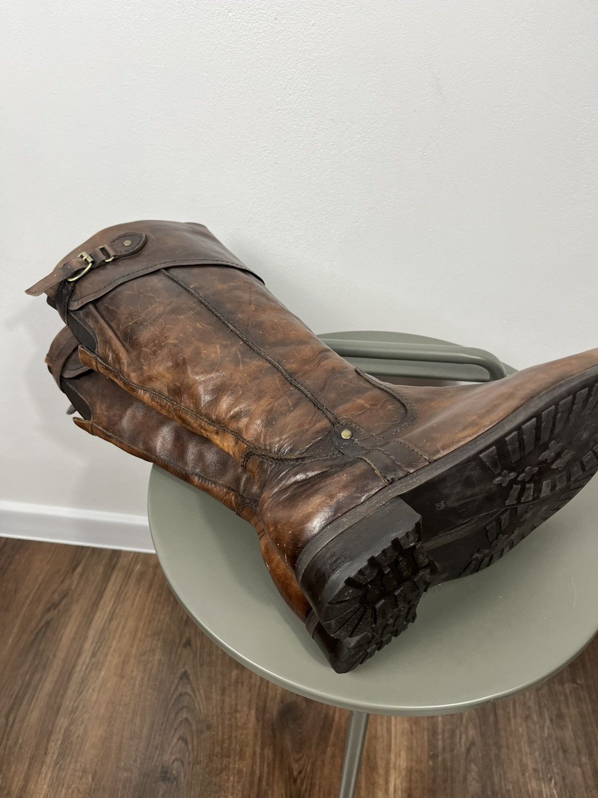 Leather Brown Leather Tall Boots Buckle Strap Zip Closure EU 39 Size US 8.5 / IT 38.5 - 13 Thumbnail