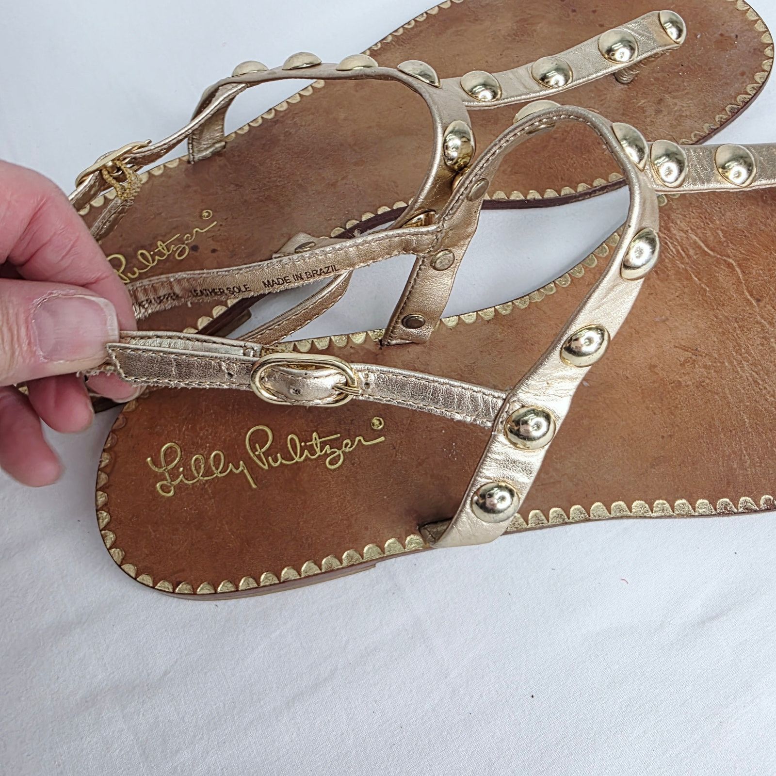 Lilly Pulitzer Lilly Pulitzer Gold Leather Studded Open Toe Strappy Sandal Size US 9 / IT 39 - 3 Thumbnail