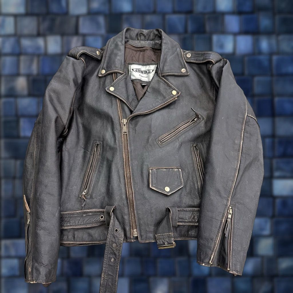 Vintage Unik Premium Brown Distressed Leather Motorcycle Biker Rocker Jacket Mens 46 Size US S / EU 44-46 / 1 - 1 Thumbnail