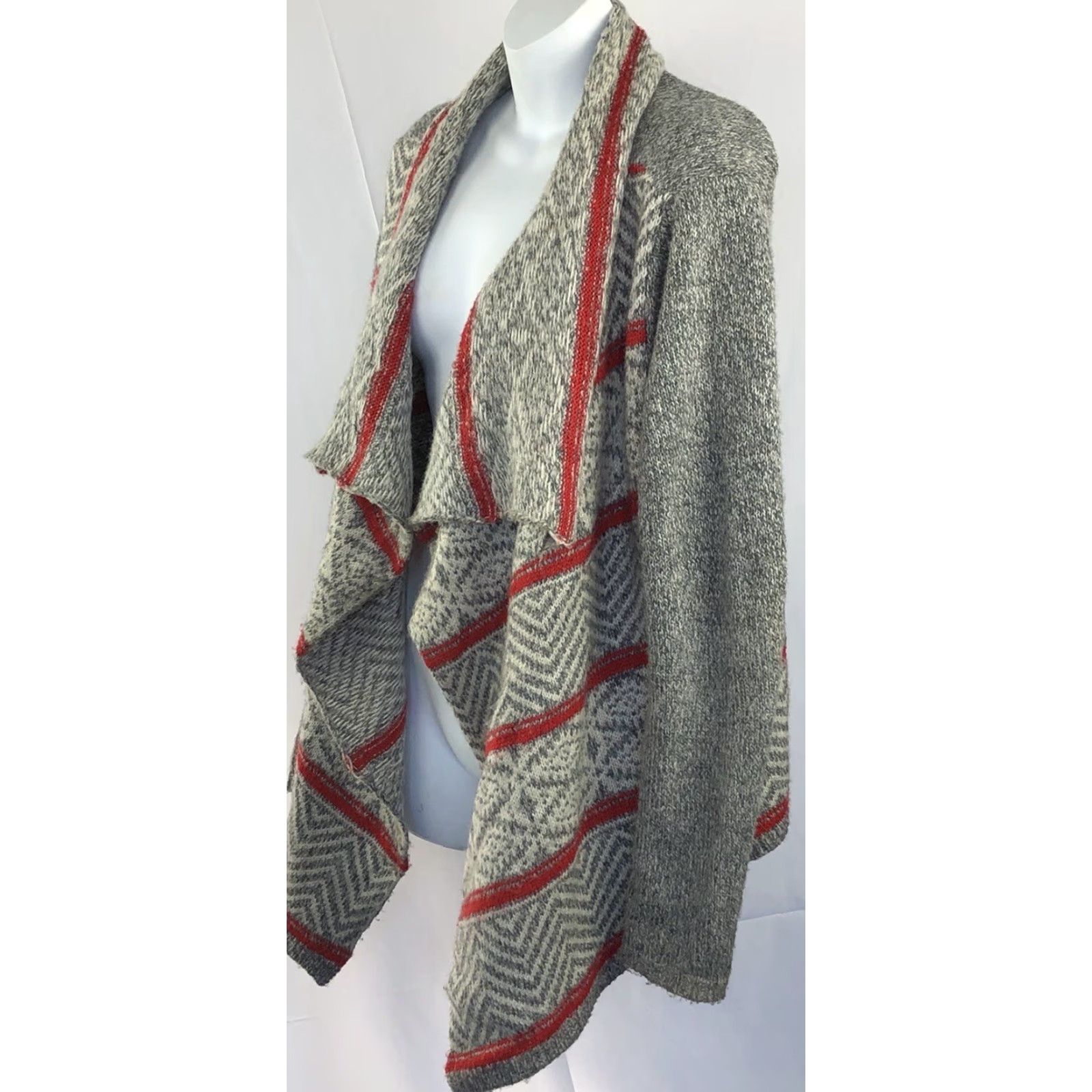 Vintage American Eagle Cardigan Sweater Women M Gray Red Open Shawl Boho Western Waterfall Knit Size M / US 6-8 / IT 42-44 - 3 Thumbnail