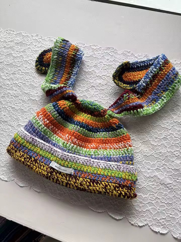Handmade Colourful Knitted Sweet Outdoor Eared Handmade Beanie Hat Size ONE SIZE - 6 Thumbnail