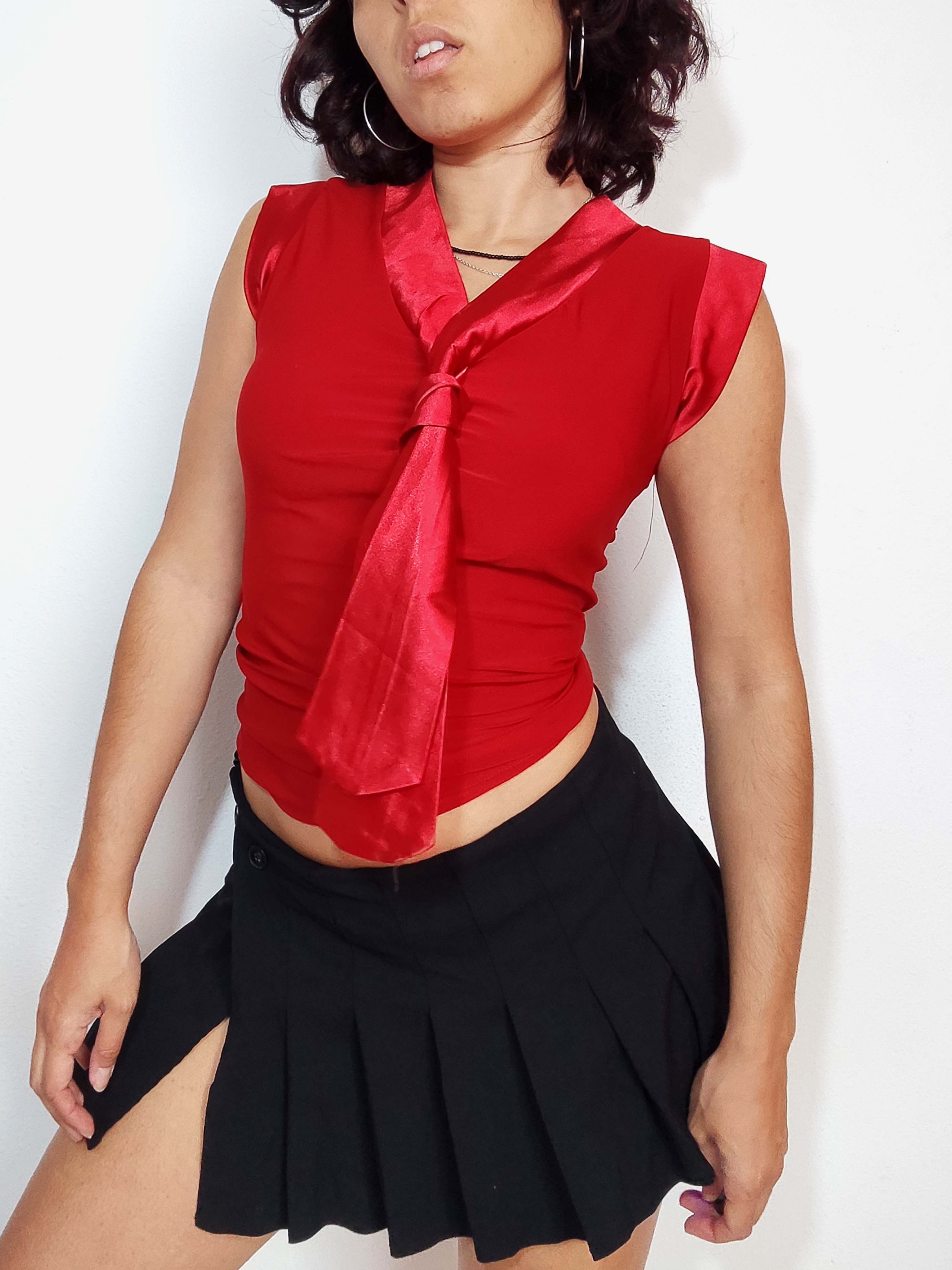Vintage Vintage Y2k Office Siren Red Top with Satin Tie Size L / US 10 / IT 46 - 1 Thumbnail