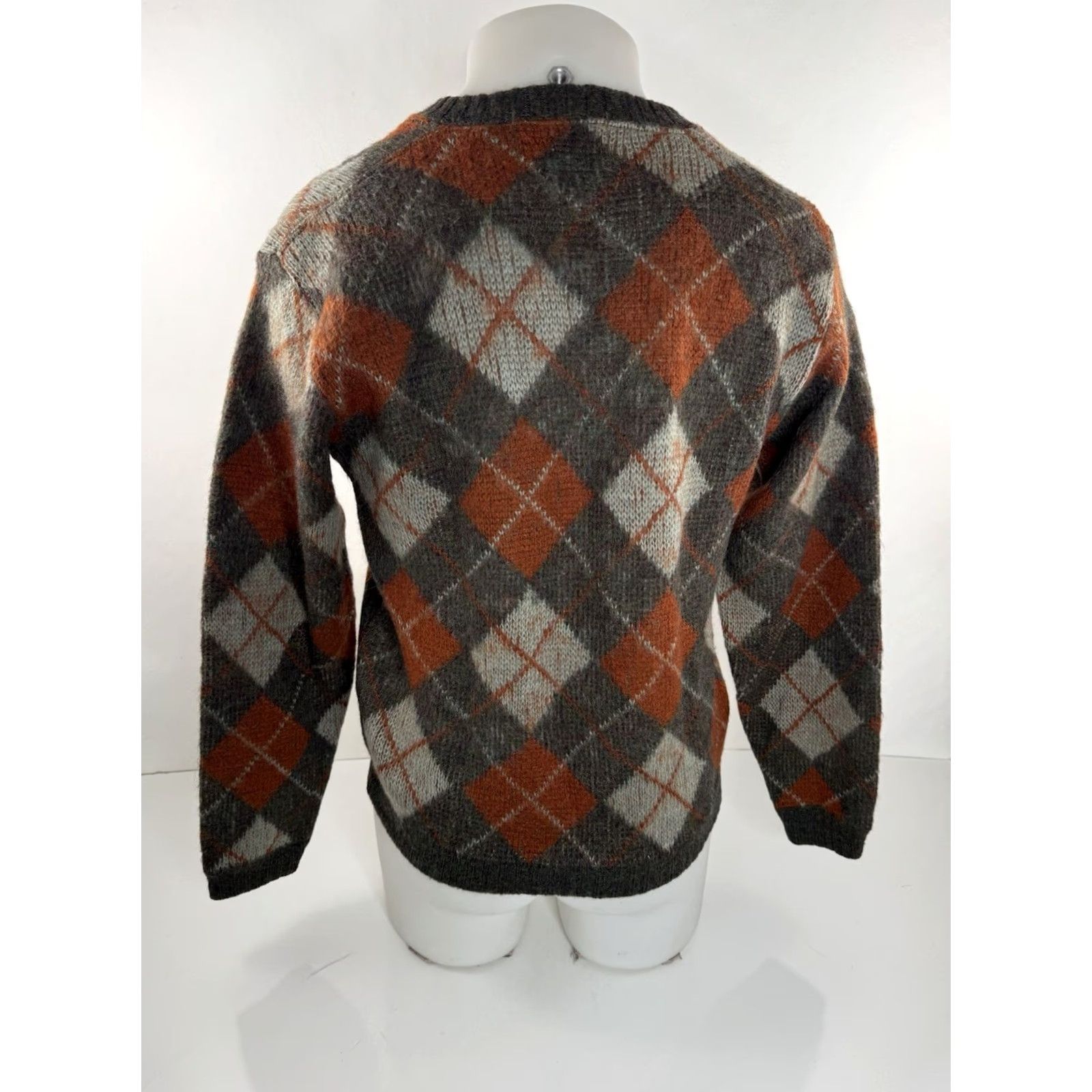 Jantzen JANTZEN Wool Mohair Argyle V Neck Mens M Pullover Sweater Olive Gray Burnt Orange 1960s Size US M / EU 48-50 / 2 - 3 Thumbnail