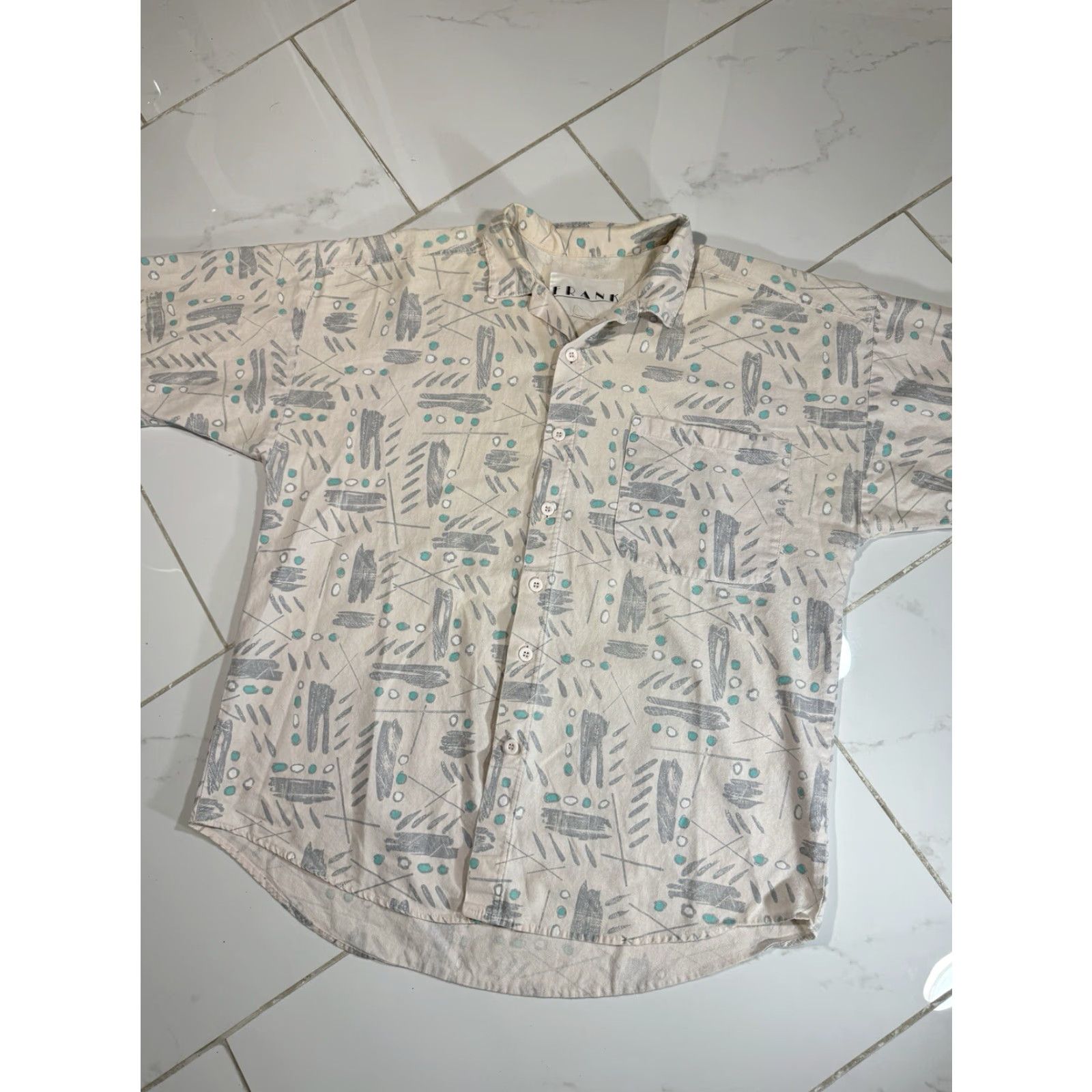 Vintage VINTAGE Geometric White Grey Teal Button-Up Shirt M Frank Regular Unisex Adults Short Sleeve White M 1980s Button-Up Shirt Size US M / EU 48-50 / 2 - 3 Thumbnail