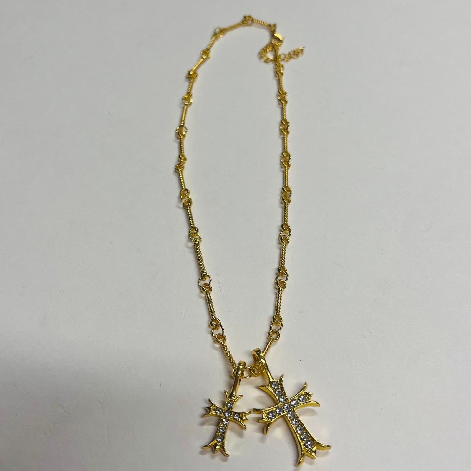 Farah Vintage y2k style Double cross gold Necklace. Rhinestone Size ONE SIZE - 8 Thumbnail