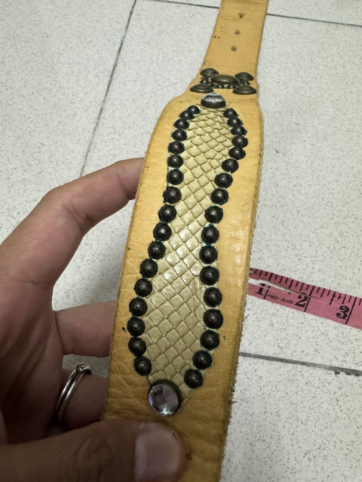 Hollywood Trading Company × Other × Vintage HTC RHINESTONE STUDDED SNAKE SKIN PATCHES LEATHER BELT Size 34 - 9 Thumbnail