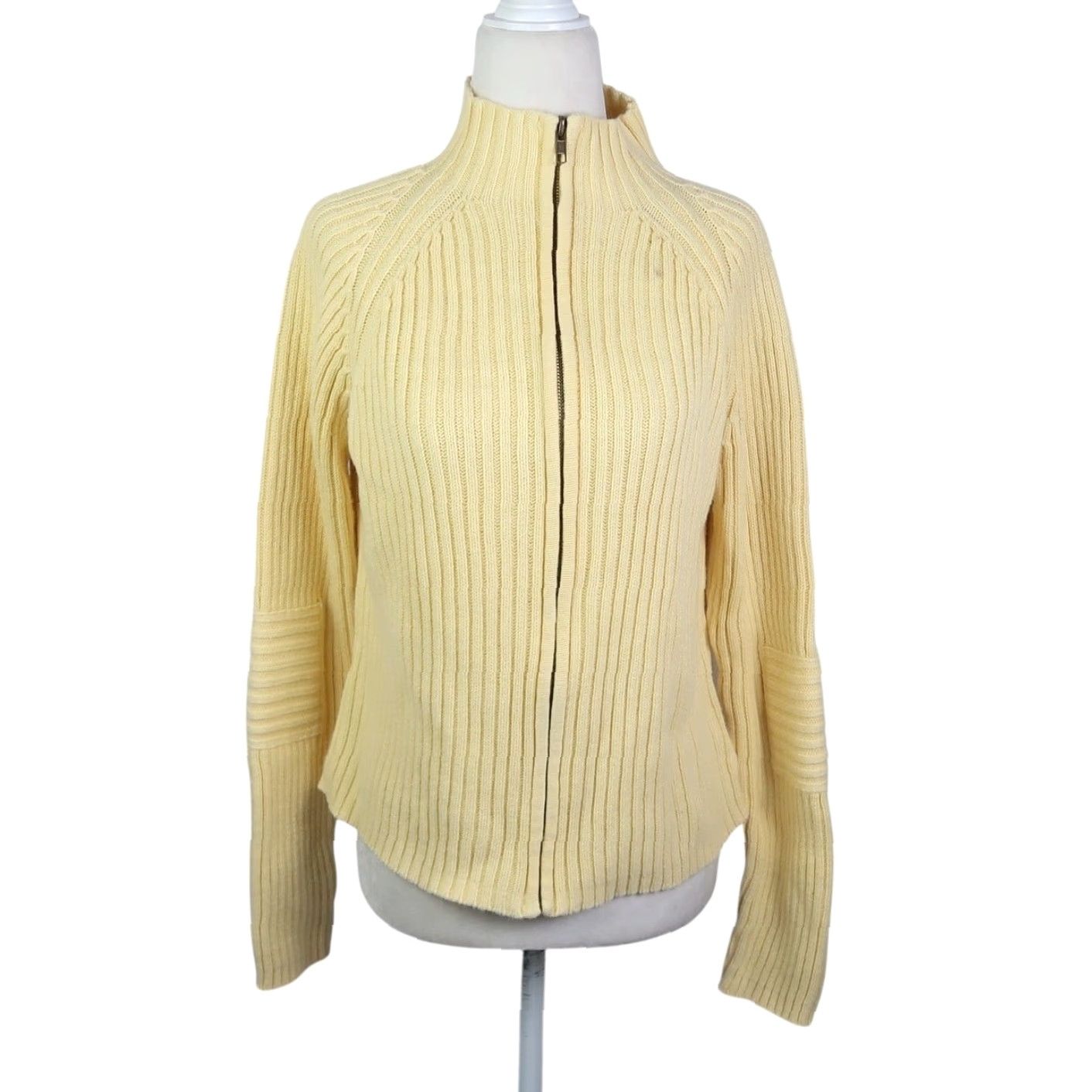 Vintage VINTAGE Christopher & Banks Yellow Rib Knit Zip Front Cardigan Sweater L Womens 90s Mock Neck Long Sleeve Solid Spring Cotton Ramie Size L / US 10 / IT 46 - 2 Thumbnail