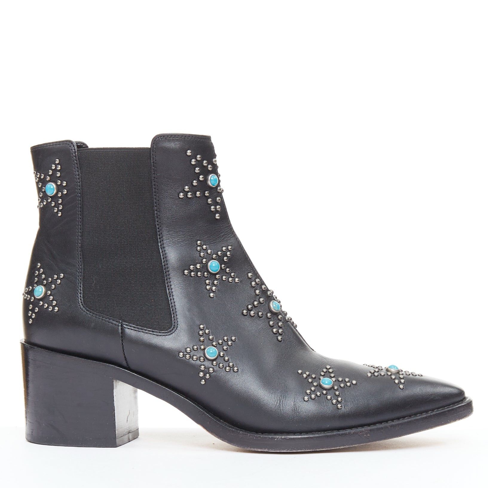 Valentino VALENTINO black leather turquoise blue stone star studded ankle boots EU40 Size US 10 / IT 40 - 1 Thumbnail