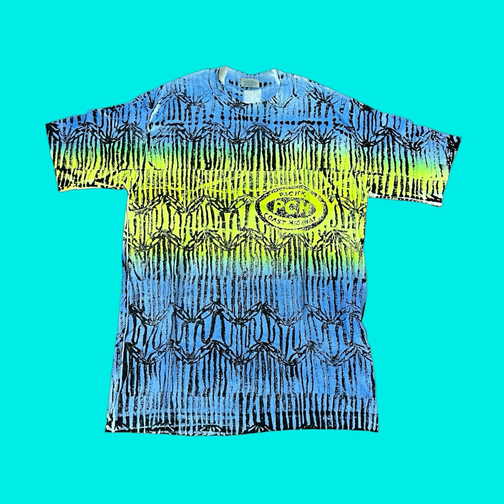 VINTAGE Pacific Coast Highway T-Shirt Mens M Multicolor Single Stitch Surf Skate AOP 90s