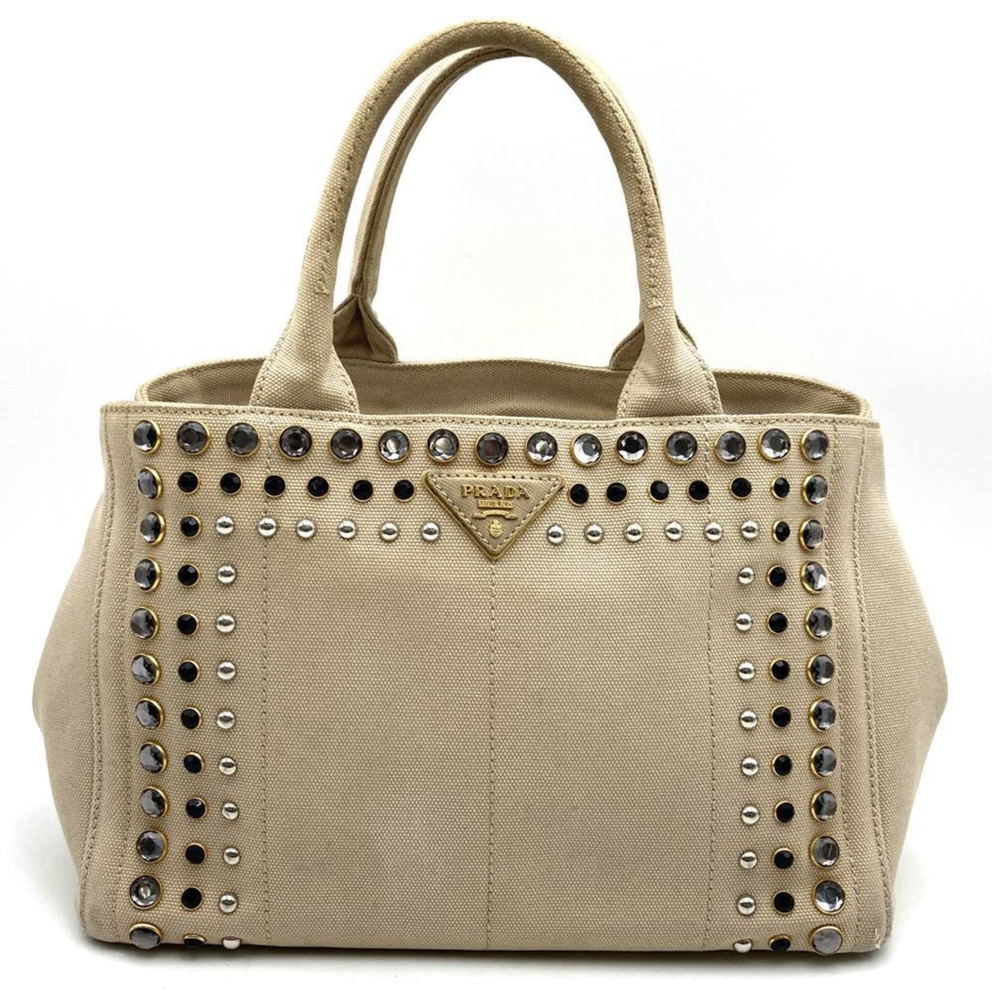 Prada Prada Canapa Beaded Tote Bag, Handbag, Studded Canvas, Beige, Ivory, Women's Size ONE SIZE - 1 Thumbnail