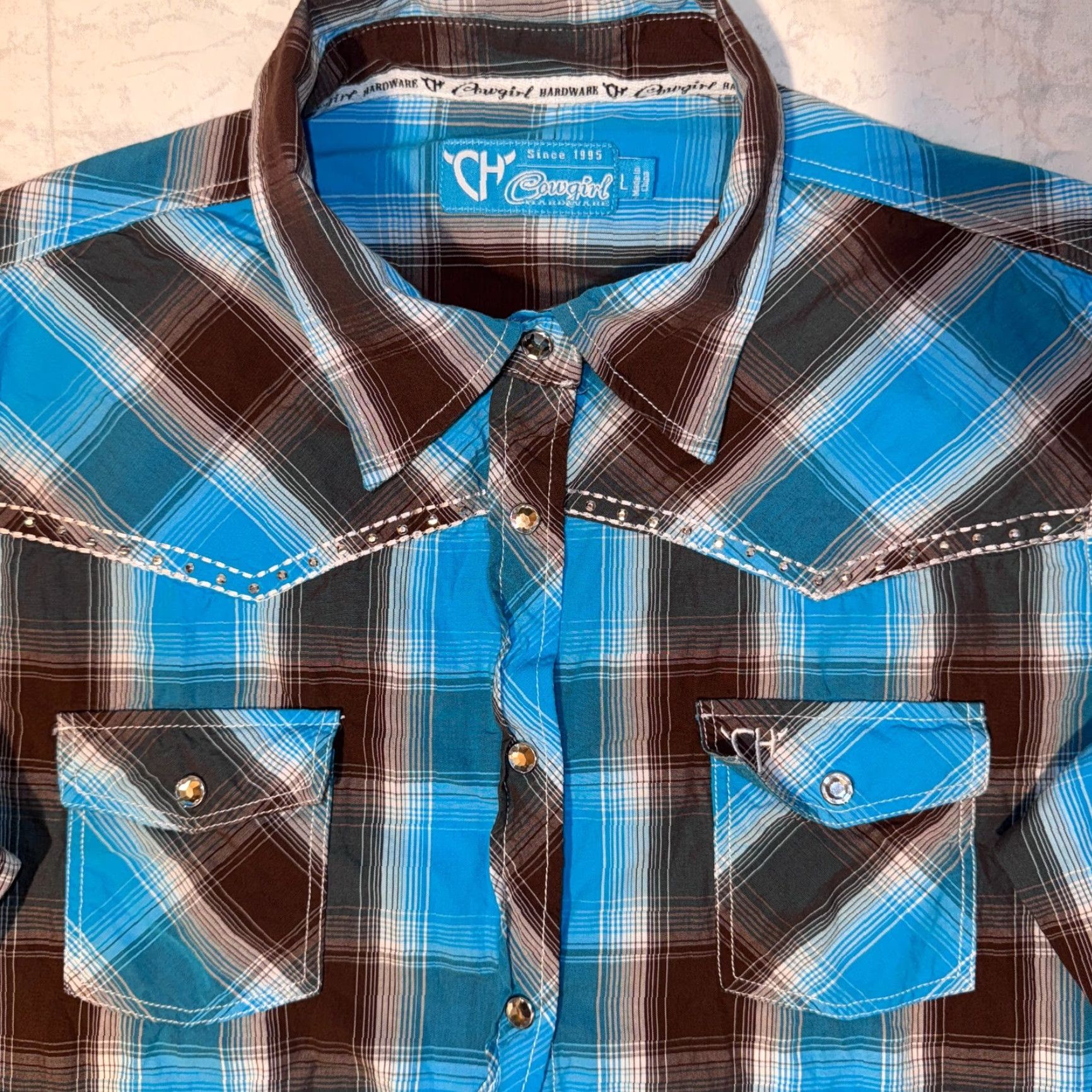 Vintage Cowgirl Hardware Shirt - L Blue & Brown Plaid Western Bling Snap Button-Up Womens Regular Long Sleeve Cotton Knit Classic Western Blouse Size L / US 10 / IT 46 - 3 Thumbnail