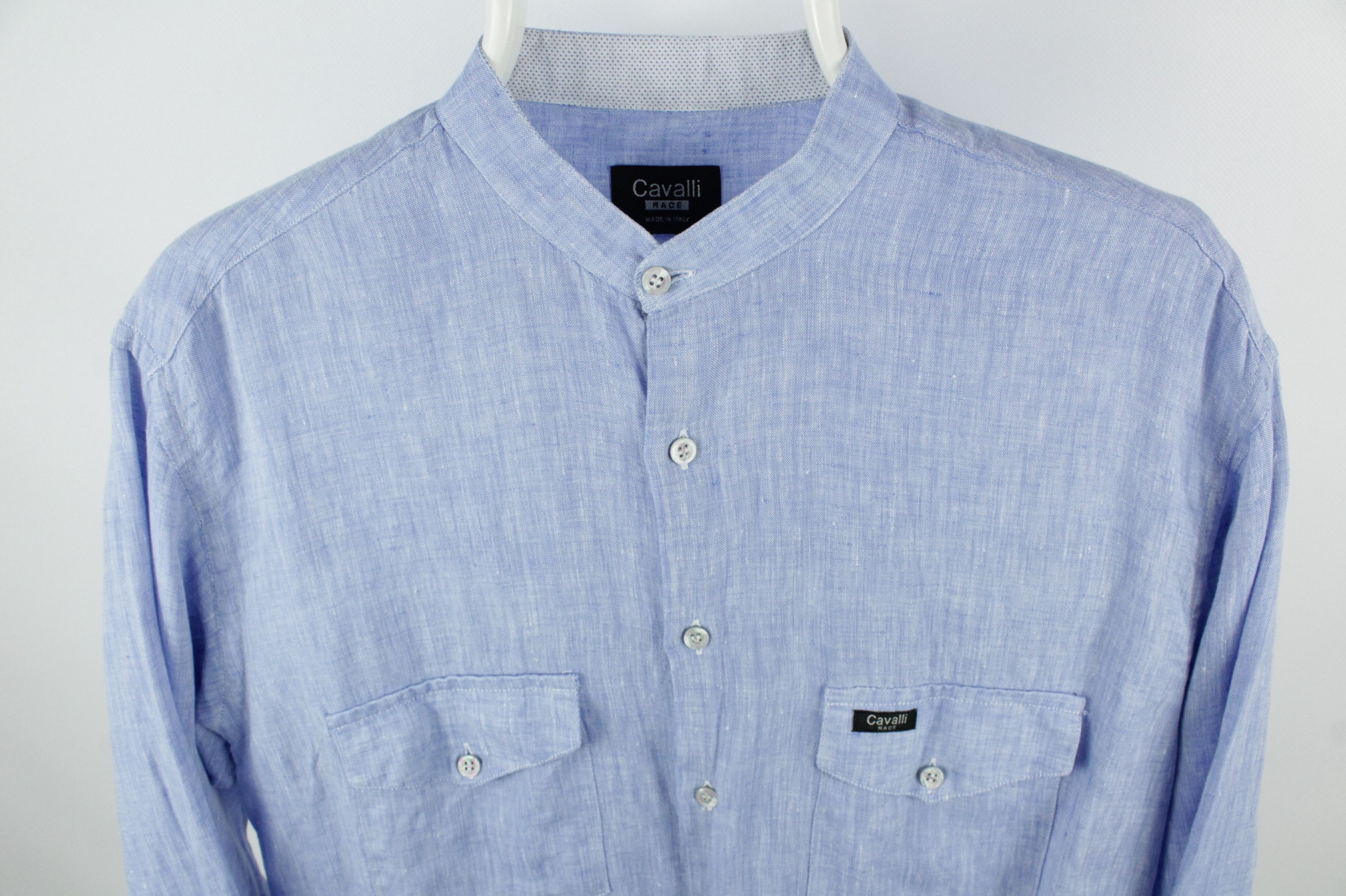 Cavalli Class Cavalli Race Korean Collar Blue Linen Casual Shirt Men's Size US M / EU 48-50 / 2 - 2 Thumbnail