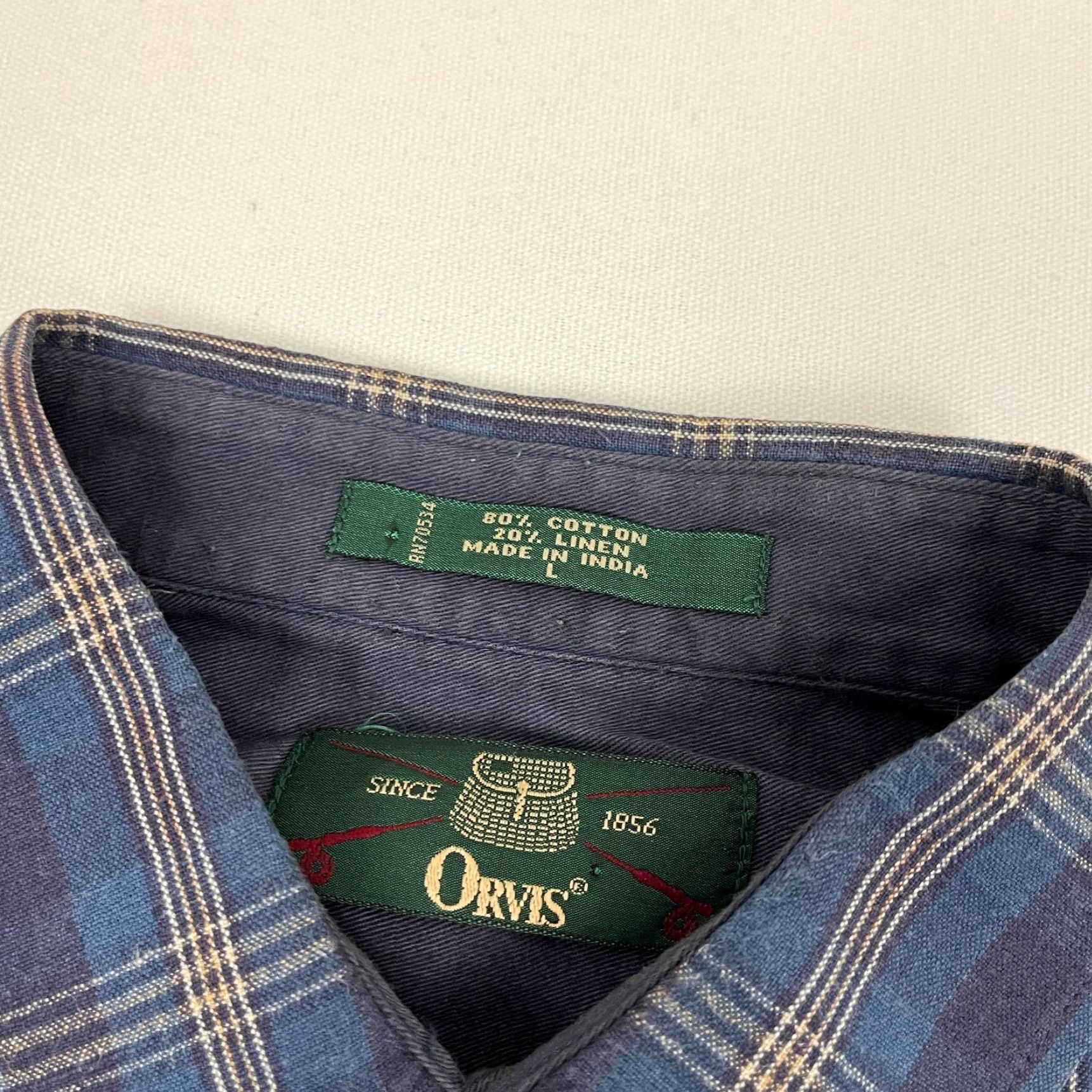 Orvis Orvis Shirt Mens L Blue Plaid Linen Blend Button-Up Long Sleeve VTG - Classic Outdoor, Casual, Travel, Workwear, Button-Down, Blue Plaid, Cotton Linen Size US L / EU 52-54 / 3 - 3 Thumbnail