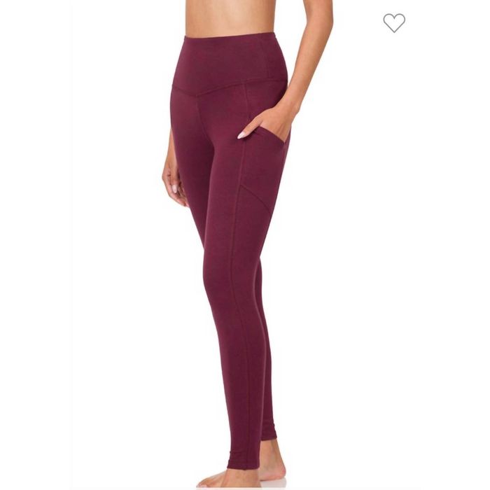 Designer ZENANA Wide Waistband Pocket Leggings In Burgundy