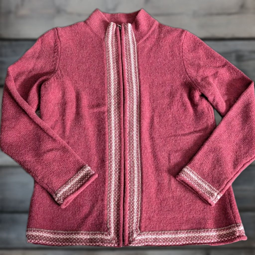 LL Bean Lambswool Cardigan Sweater Womens Medium Maroon Full Zip Striped