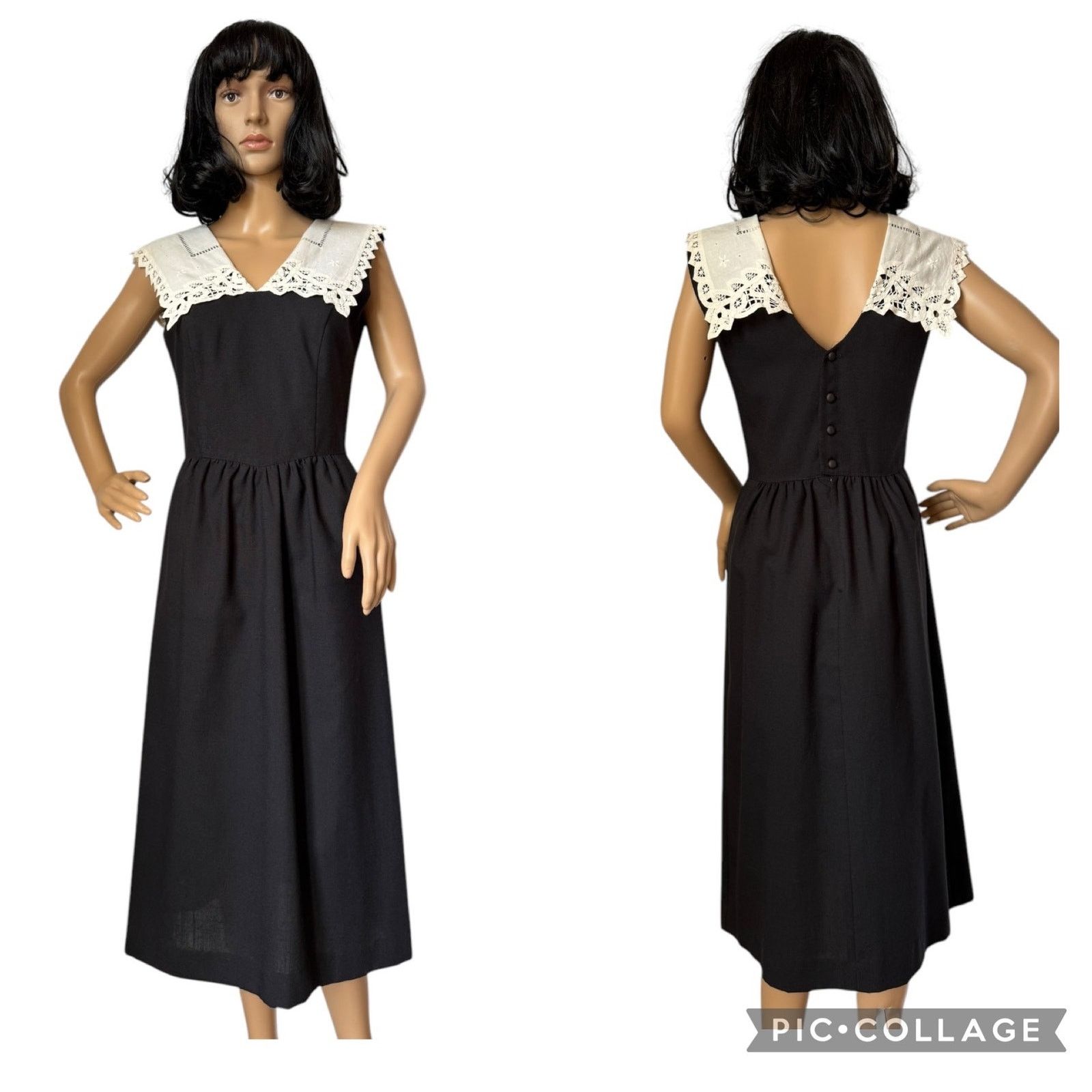Vintage Lang Originals Black dress white Lace crochet collar