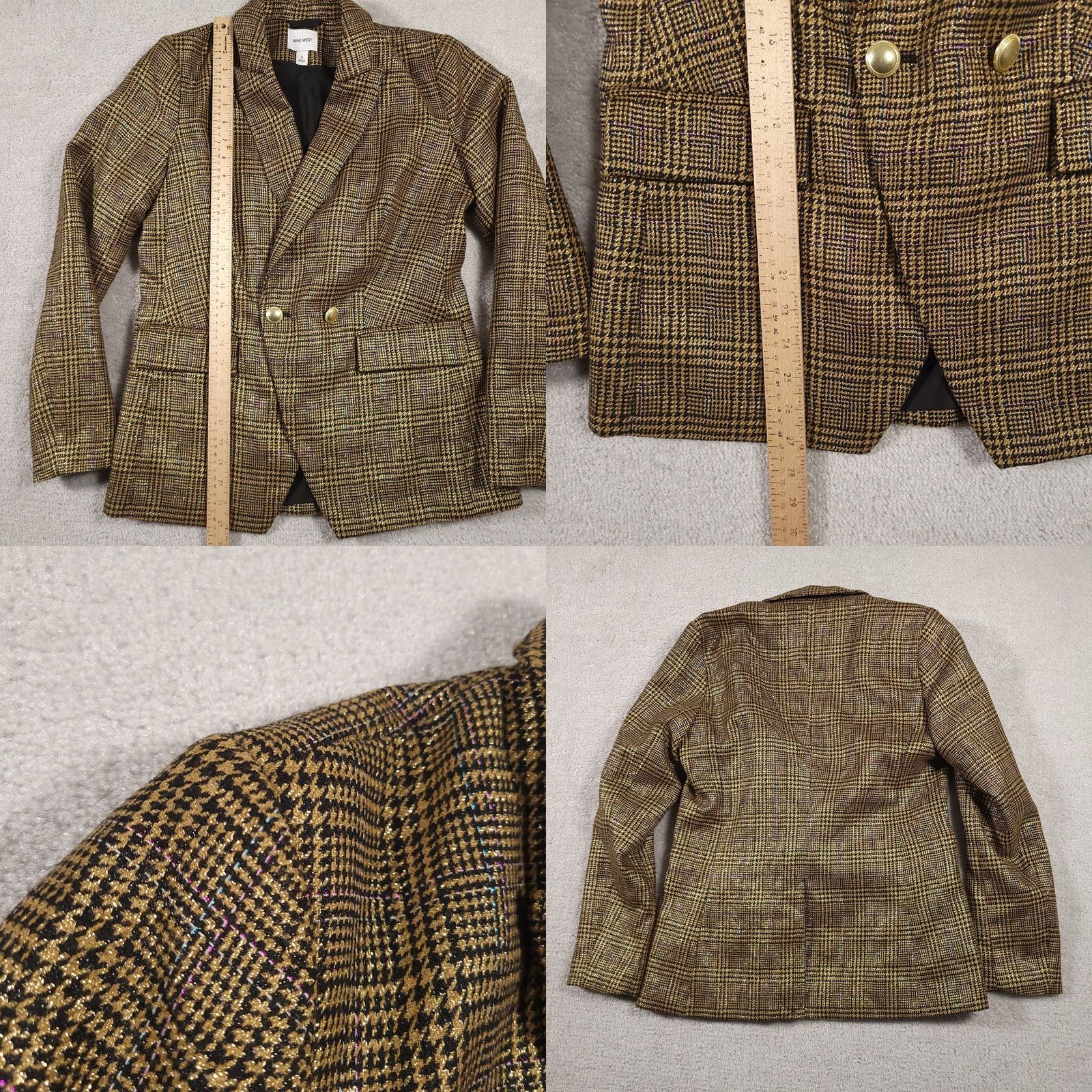 Nine West Nine West Blazer Women's S Gold Shimmer Houndstooth Jacket Coat Lined Size S / US 4 / IT 40 - 8 Thumbnail