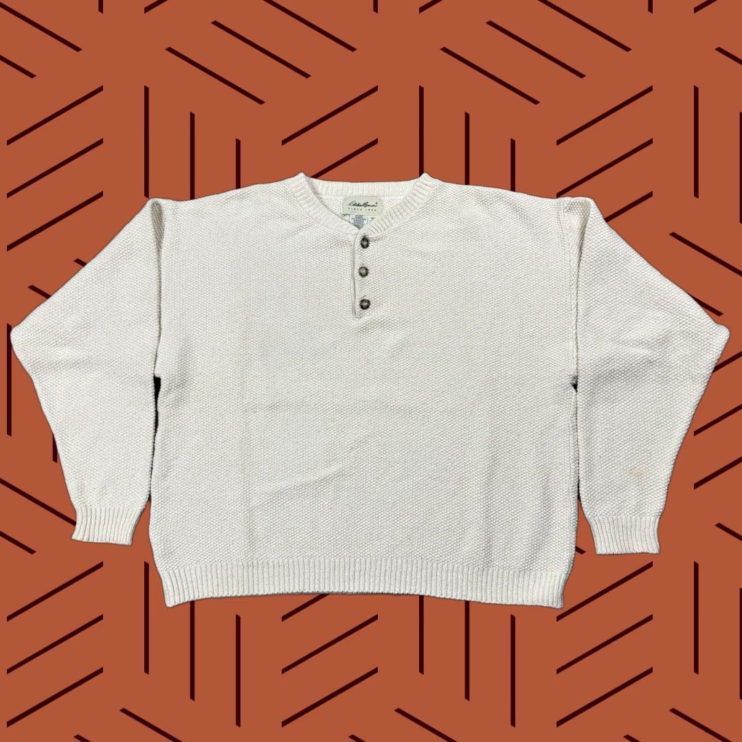 VINTAGE Eddie Bauer Waffle Knit Henley Sweater XL Ivory Men All Seasons Classic Pullover