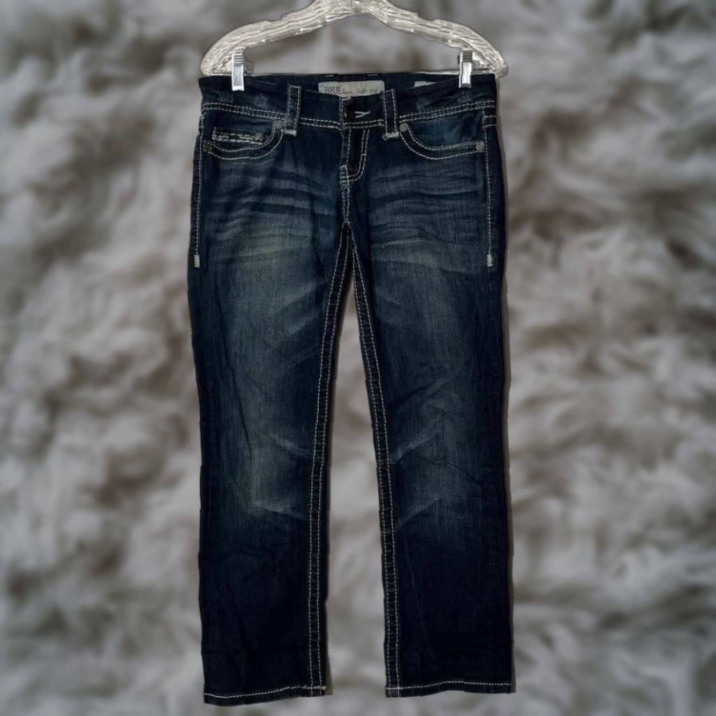BKE BKE Sabrina Jeans Womens 27 Dark Wash Straight Leg Distressed 5-Pocket Denim M7 Size 27" / US 4 / IT 40 - 1 Thumbnail