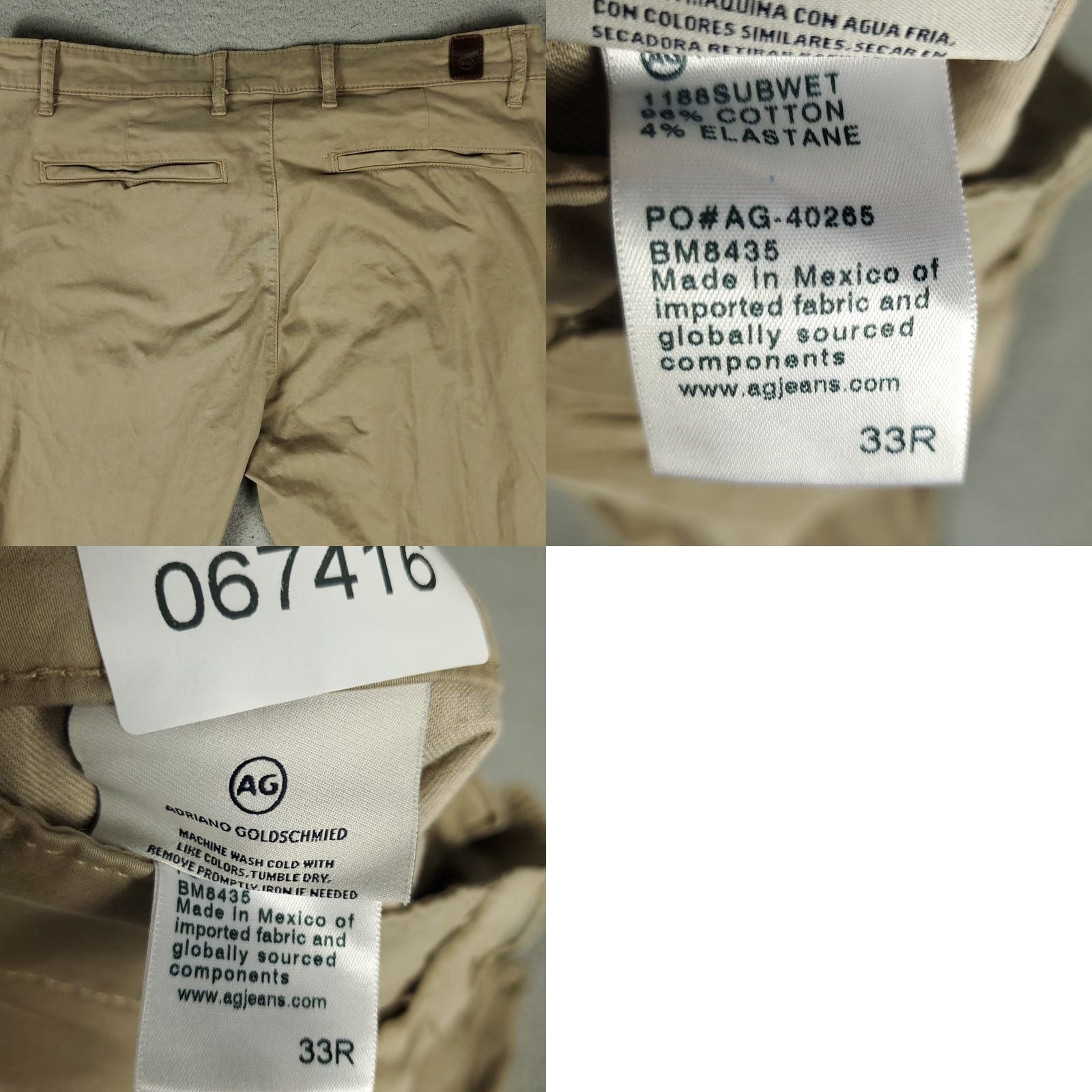 Vintage AG Adriano Goldschmied Pants Mens 33x30 Beige Straight Chino Trousers Regular Flat Front Size US 33 - 8 Thumbnail