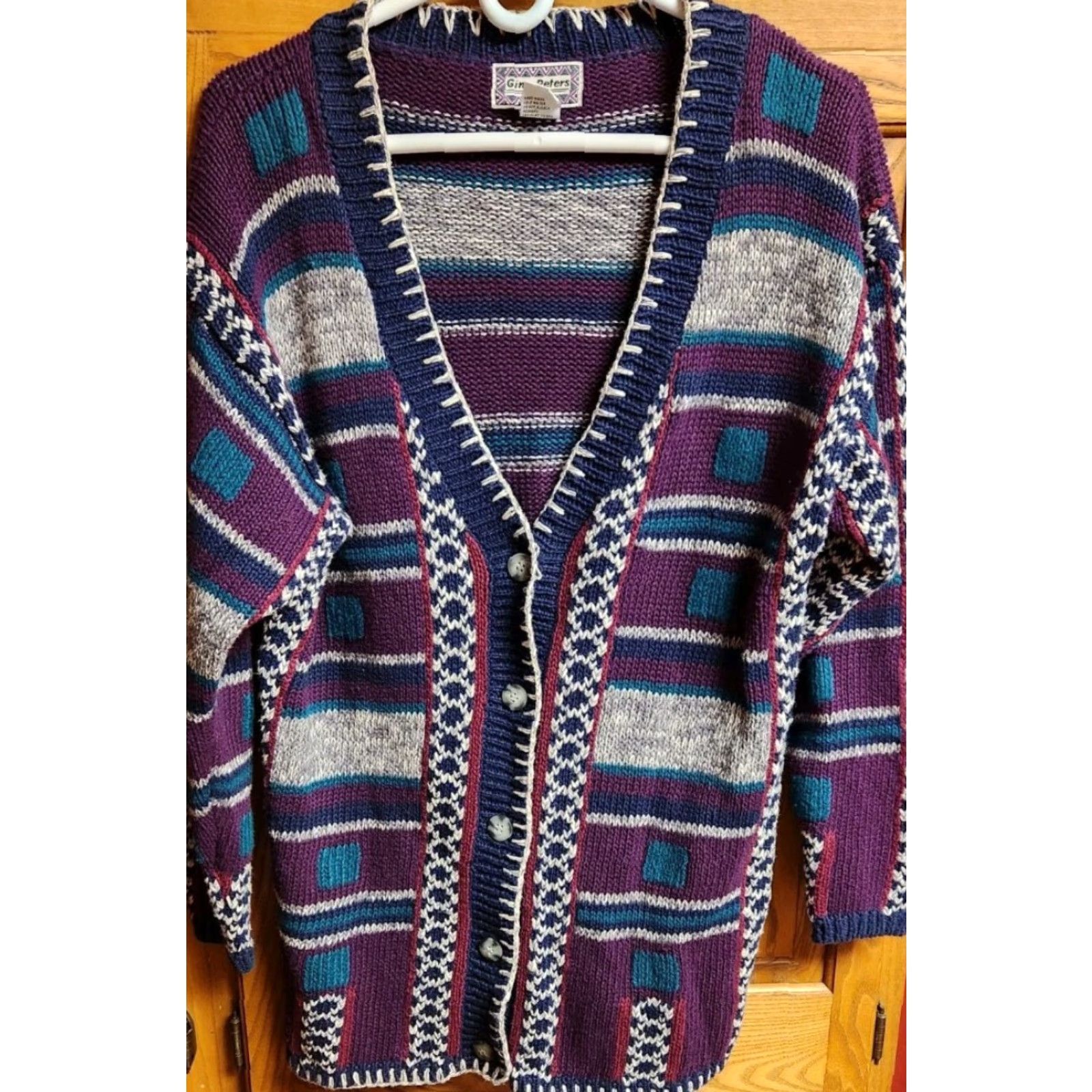 Vintage VINTAGE Gina Peters Knit Cardigan Sweater Women's S Small Geometric Southwest Purple 90s Designer Womens Cardigan Size S / US 4 / IT 40 - 3 Thumbnail