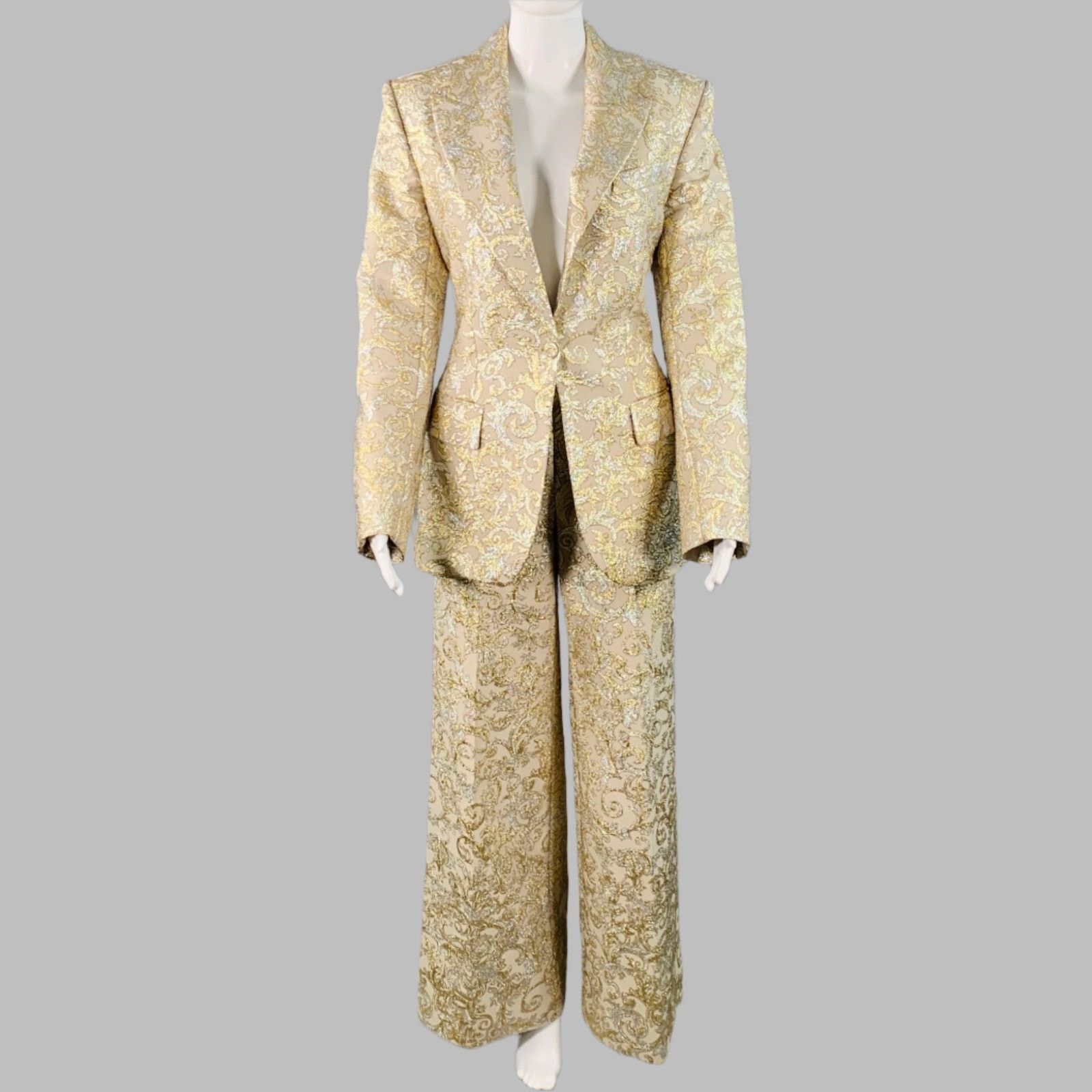 Stella McCartney Metallic Gold Silver Polyamide Jacquard Peak Lapel Pantsuit Size 26" / US 2 / IT 38 - 3 Thumbnail
