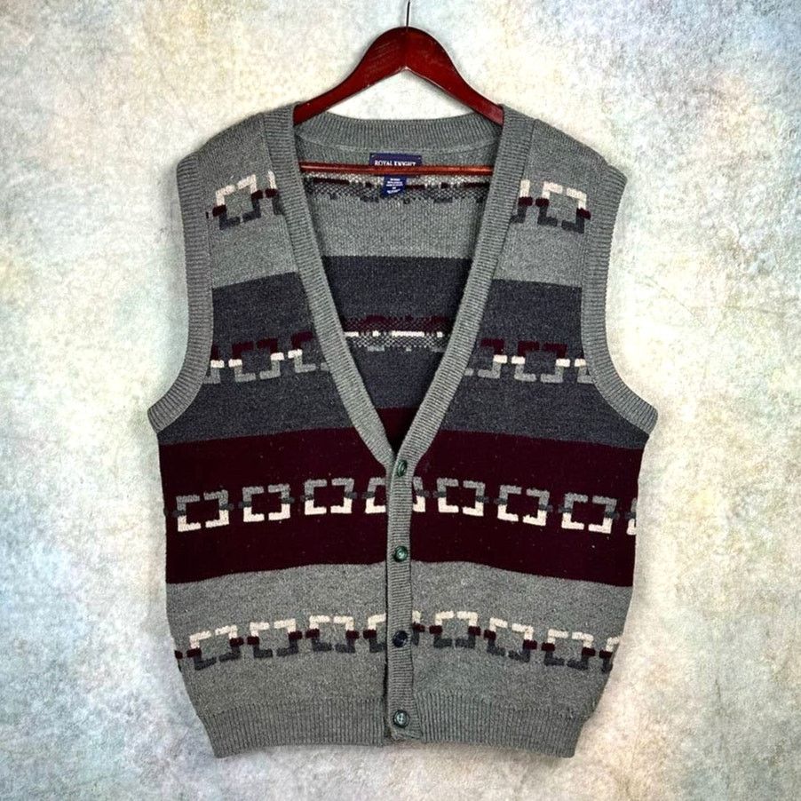 Vintage Vintage 90s Knit Cardigan Vest M Gray Native Print Western Size US M / EU 48-50 / 2 - 1 Thumbnail