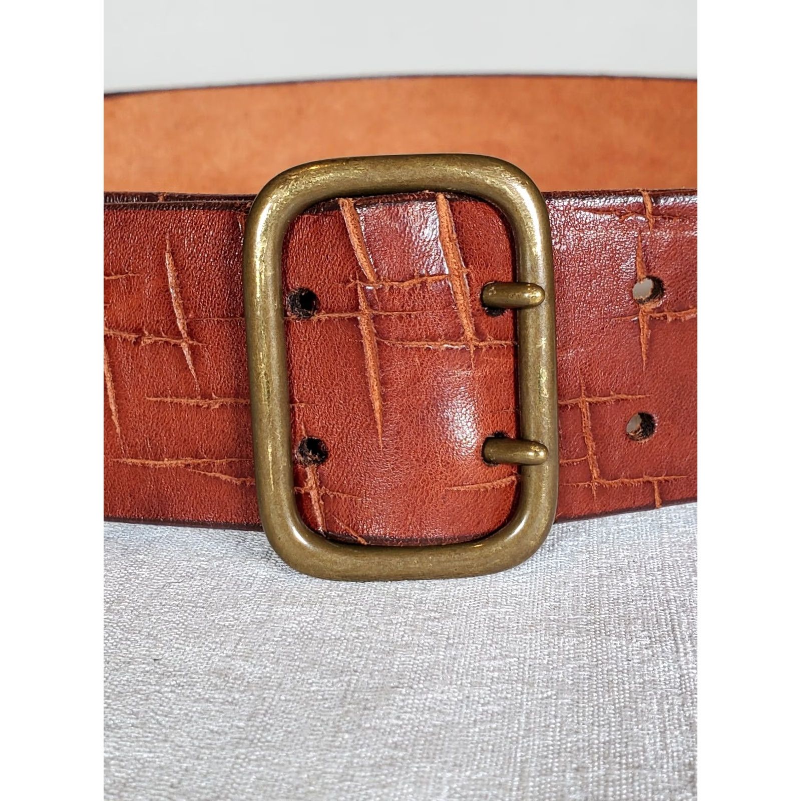 Vintage VINTAGE Distressed Cognac Brown Leather Belt Brass Double Buckle Women's 40.5" x 1.875" EUC Size ONE SIZE - 2 Thumbnail