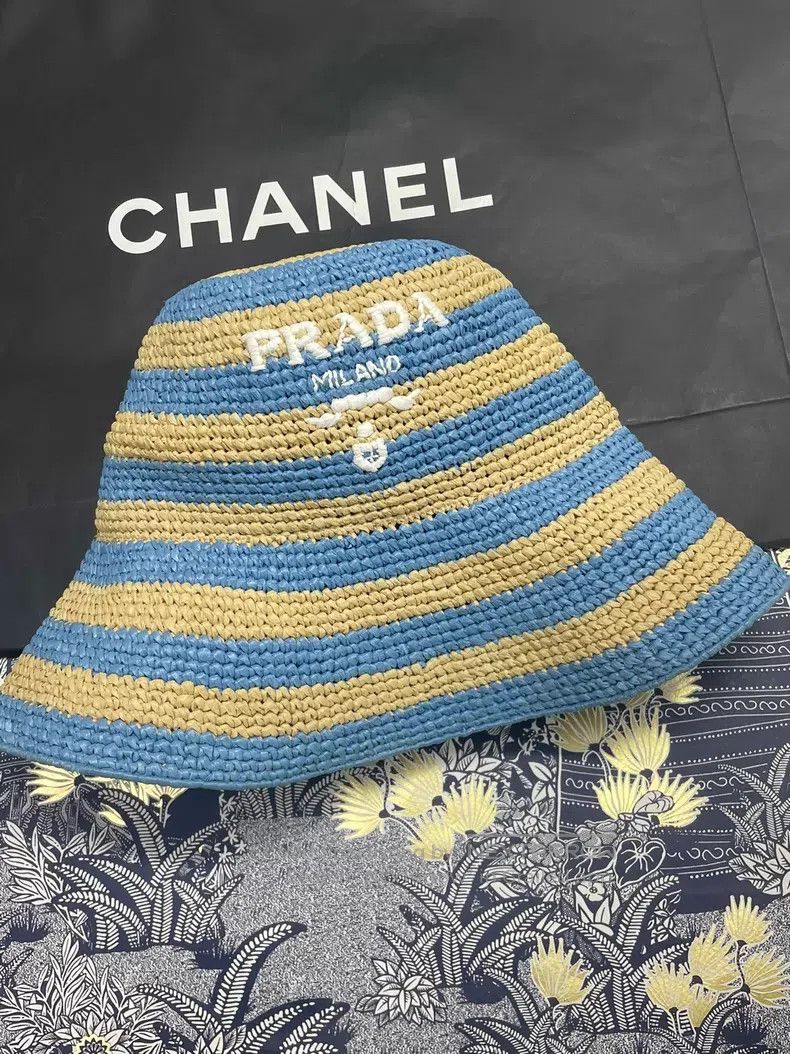 Prada Prada Blue striped straw-knitted fisherman's hat Size ONE SIZE - 1 Thumbnail