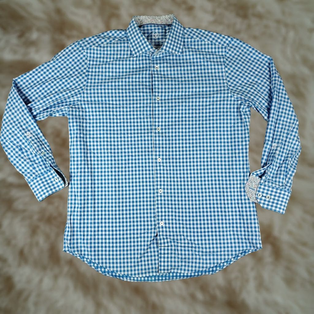 BUGATCHI Bugatchi Uomo Dress Shirt Mens Blue Check Long Sleeve Button Up Size 17 Size 46R - 1 Thumbnail
