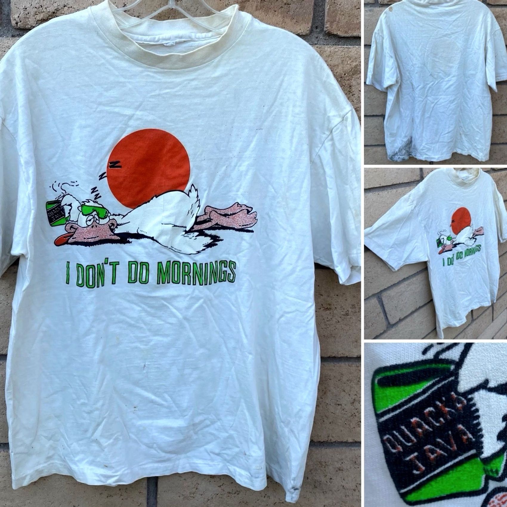 Vintage Vintage I Dont Do Mornings Quacks Java T Shirt XL White Bird Single Stitch Distressed Stained Holes Mens Shirt Size US XL / EU 56 / 4 - 2 Thumbnail