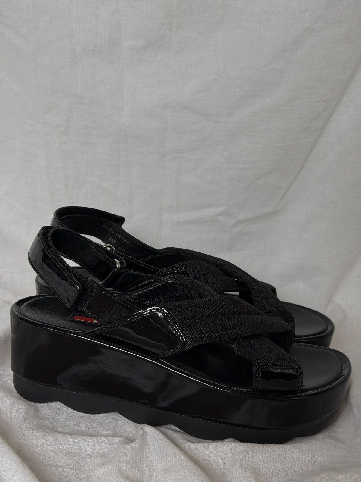 Prada × Vintage Prada Patent Leather Black Chunky Platform Sandals Size US 6.5 / IT 36.5 - 8 Thumbnail
